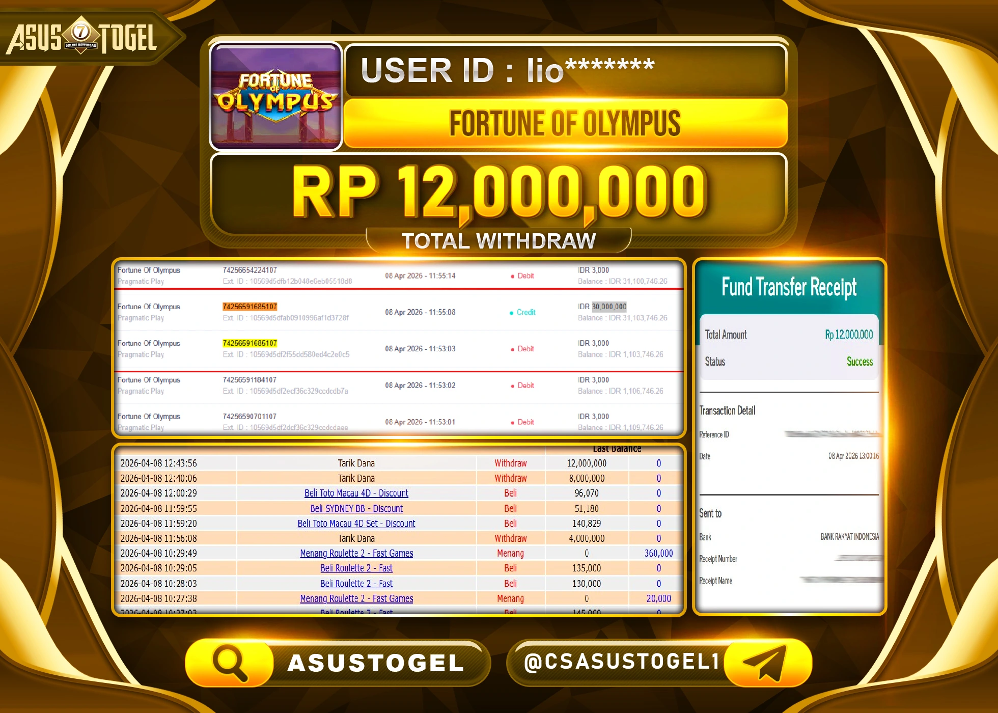 ASUSTOGEL KEMENANGAN JACKPOT DI PERMAINAN FORTUNE OF OLYMPUS SEBESAR Rp.12,000,000 - RUPIAH LUNAS