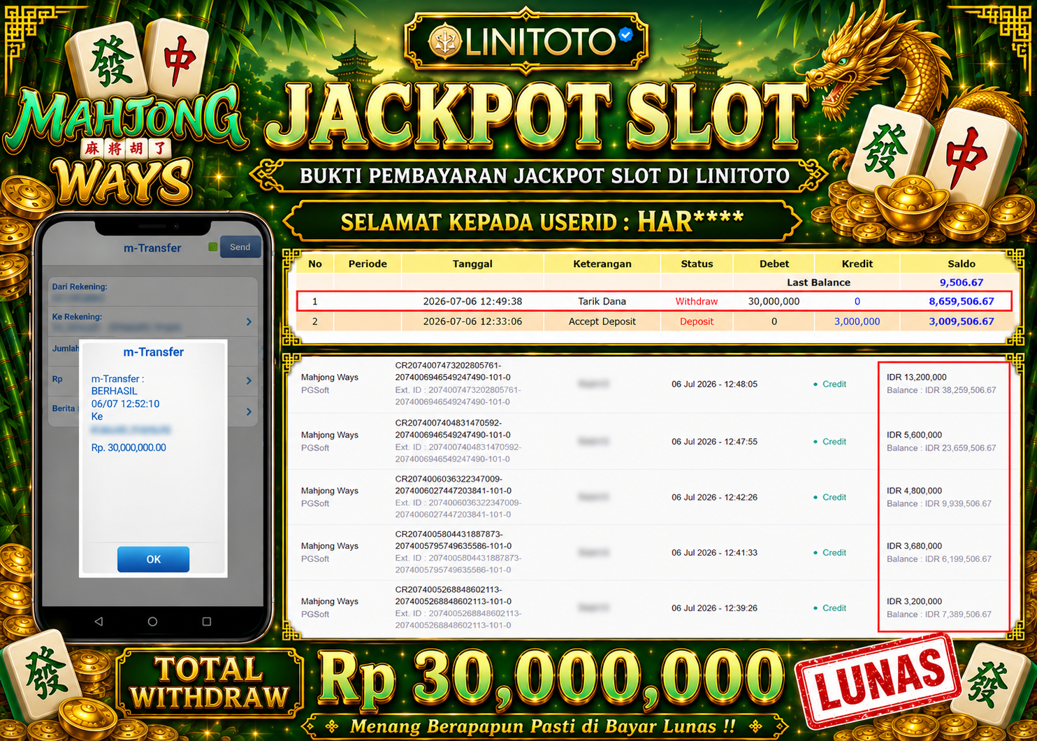 LINITOTO JACKPOT SLOT Mahjong Ways Rp.30,000,000 - LUNAS