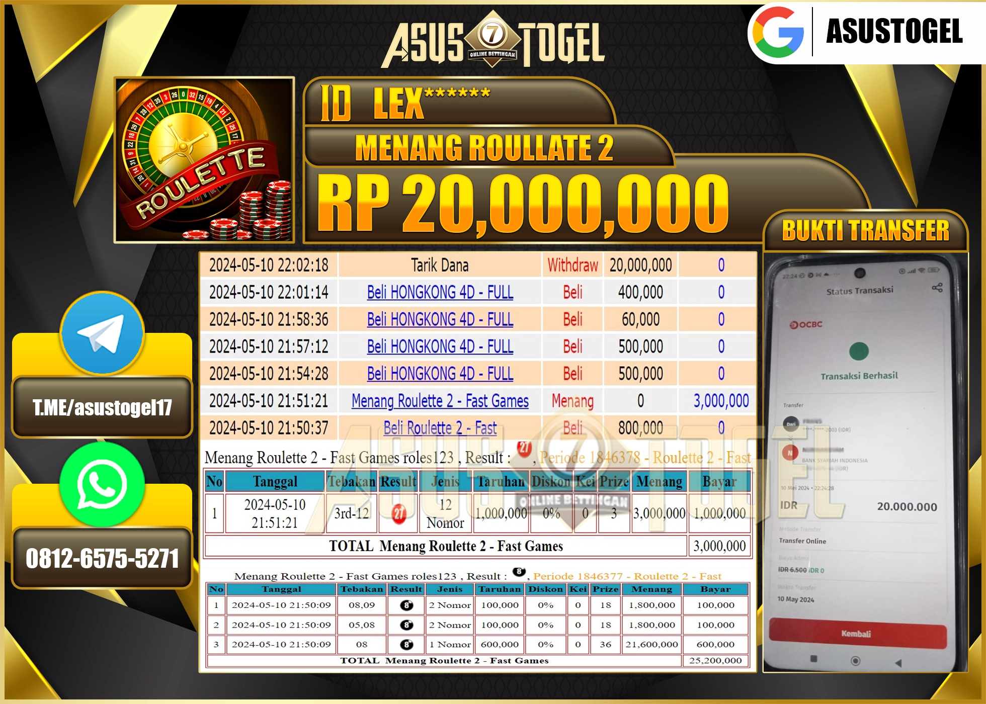 ASUSTOGEL MENANG GAMES ROULLATE2 Rp 20.000.000- LUNAS