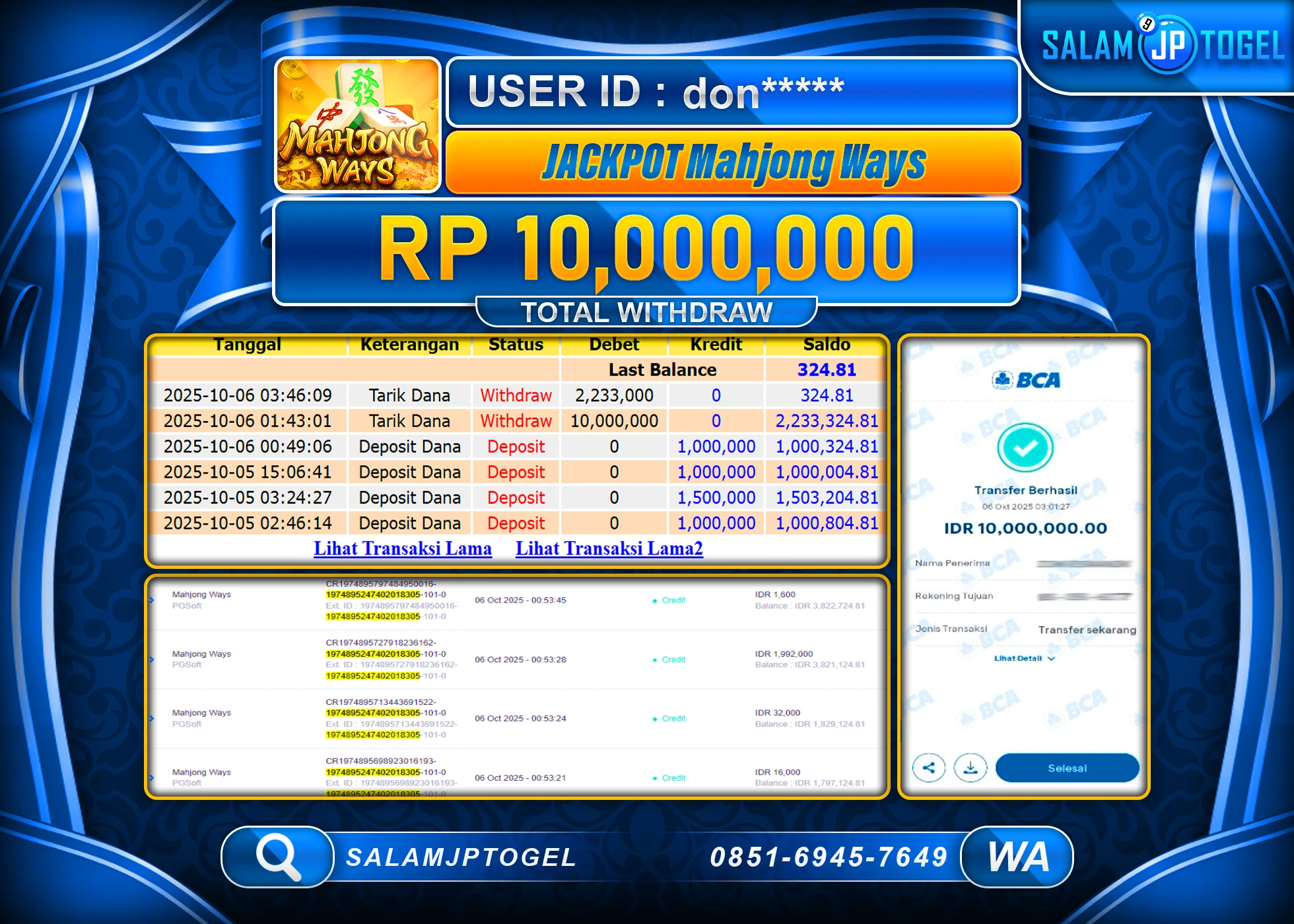 SALAMJPTOGEL MENANG JACKPOT MAHJONG WAYS RP. 10,000,000, - LUNAS