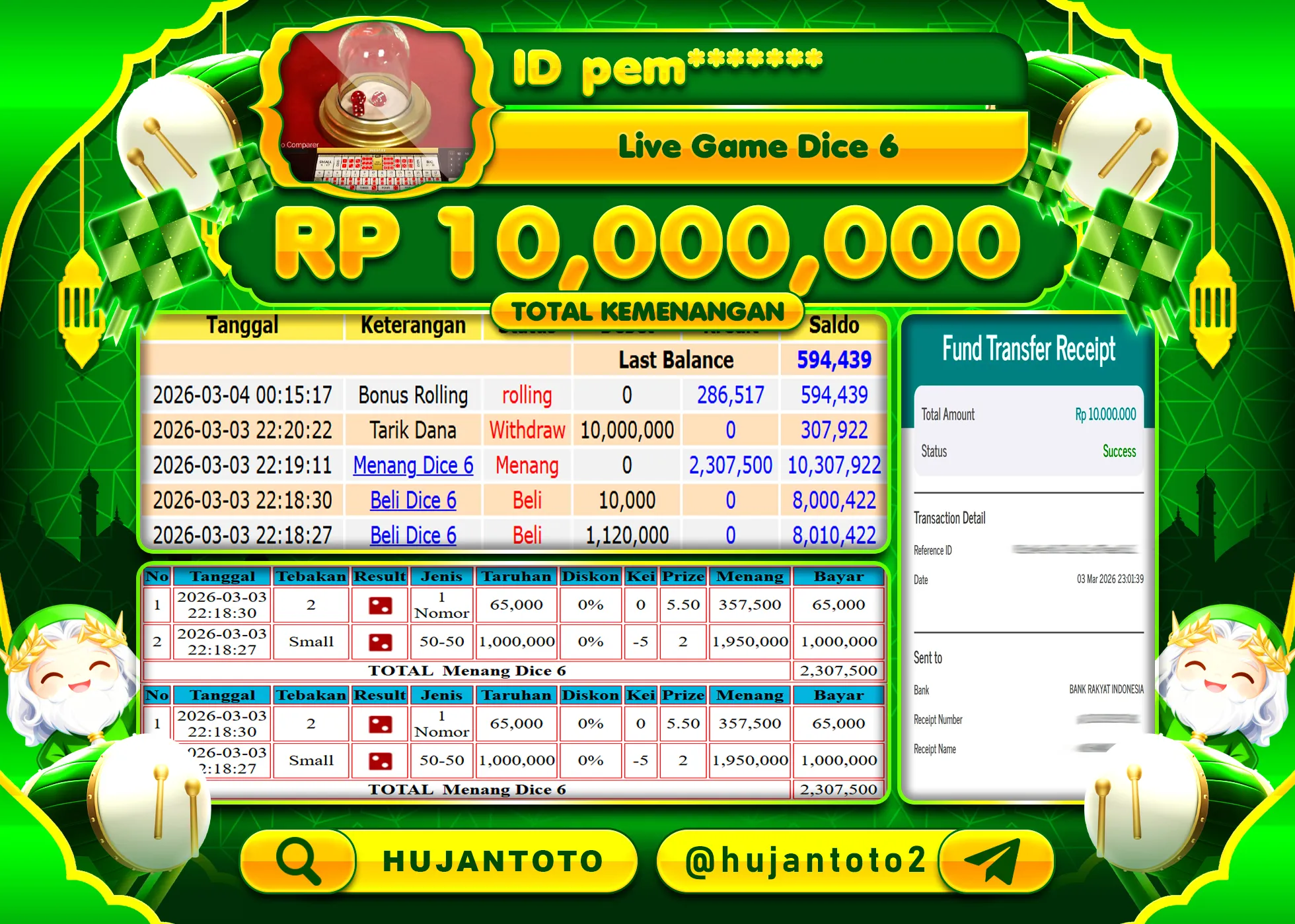 HUJANTOTO - BUKTI JACKPOT MENANG LIVEGAME LIVE GAME DICE 6 Rp.10,000,000 - TERBAYAR LUNAS