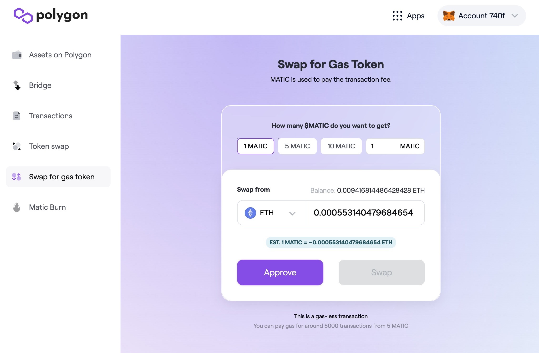 Swap for gas token