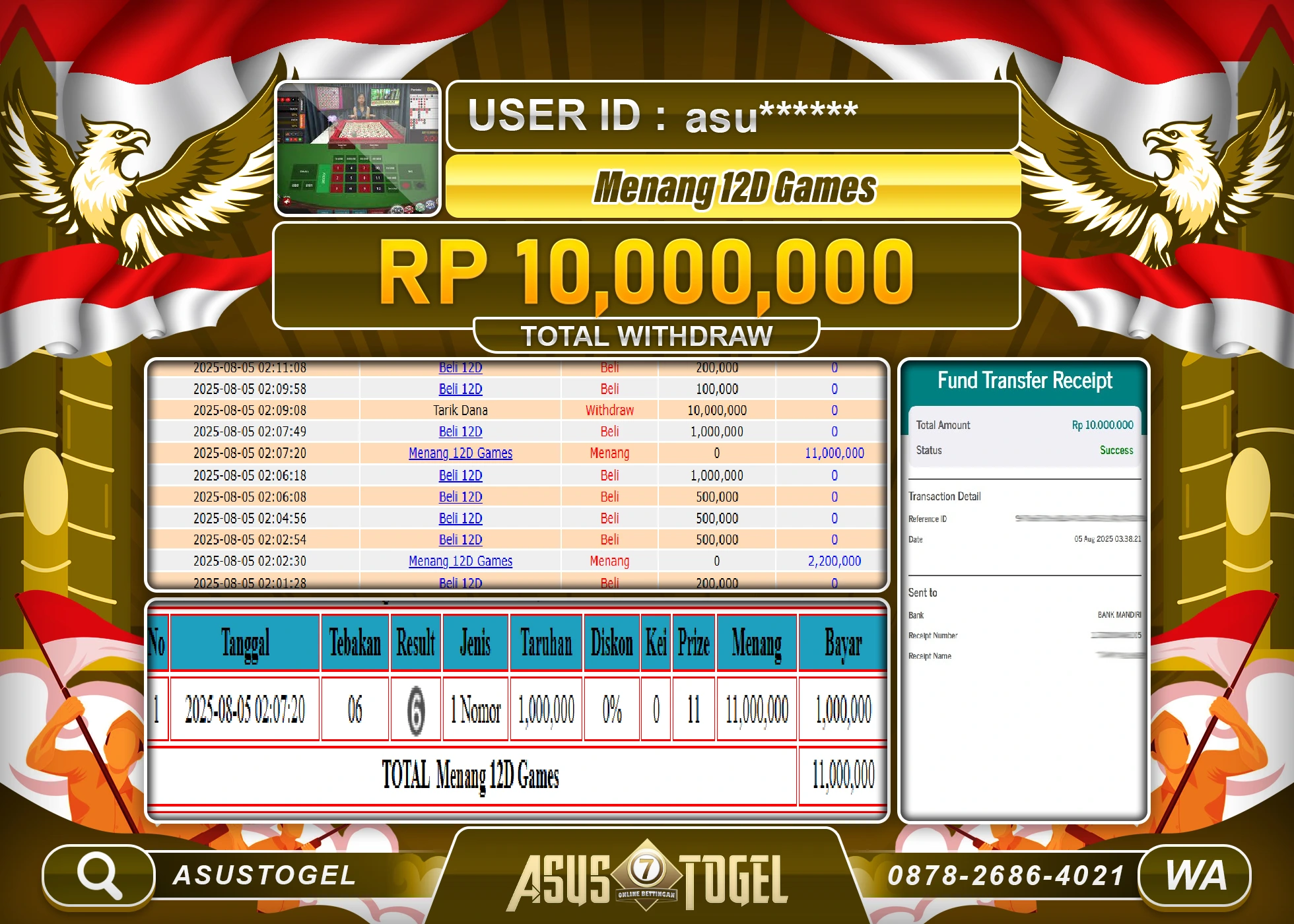 ASUSTOGEL KEMENANGAN DI LIVEGAME 24D SPIN SEBESAR 10,000,000- RUPIAH LUNAS