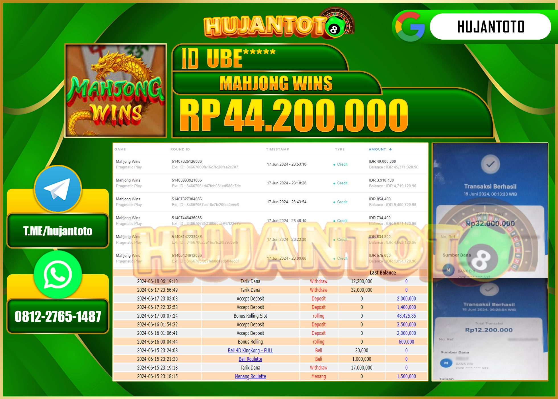 HUJANTOTO MENANG DI SLOT MAHJONG WAYS GAMES 44.200.000 - LUNAS 