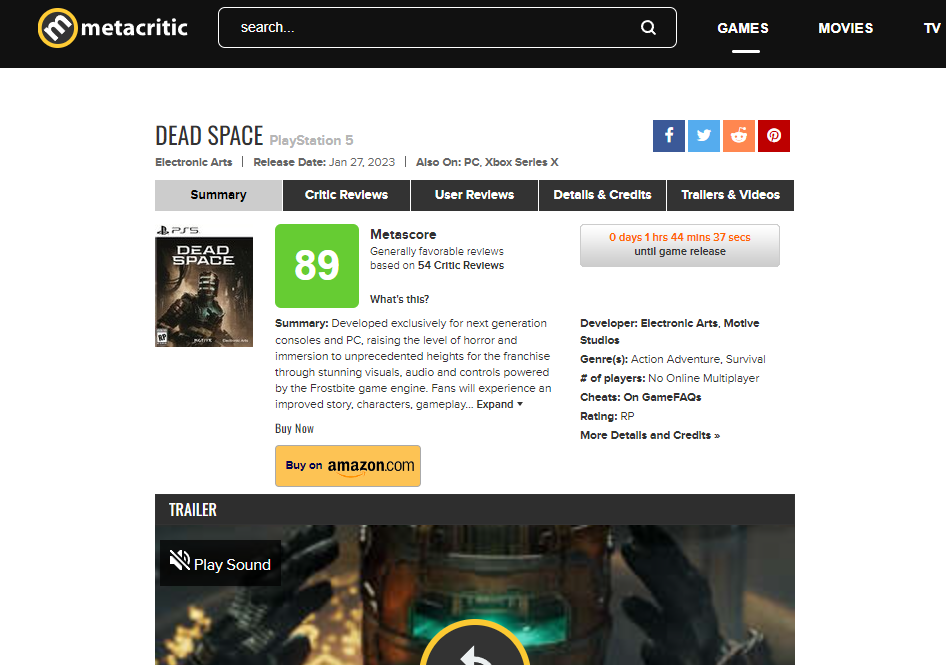 dead space remake-מגיע לכמעט ציון 90 בmetacritic - FXP