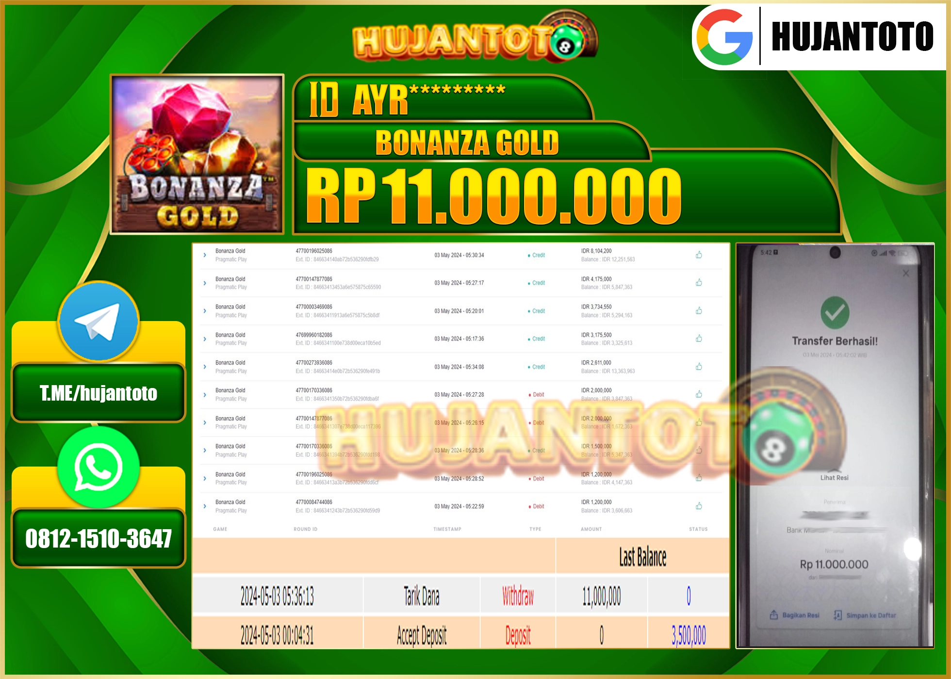 HUJANTOTO MENANG BONANZA GOLD  11.000.000- LUNAS