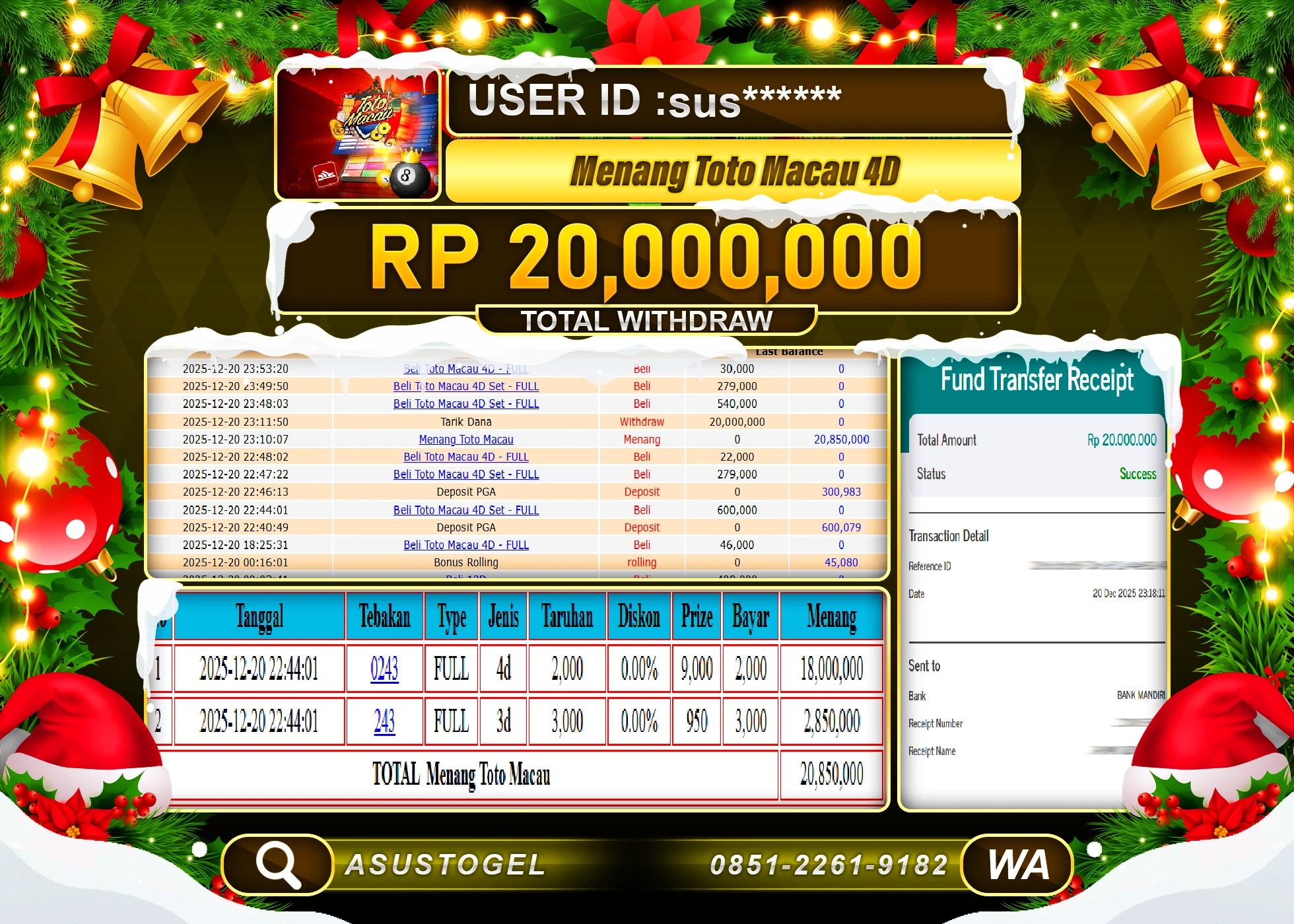 ASUSTOGEL KEMENANGAN DI TOGEL TOTO MACAU 4D SEBESAR 20,000,000 - RUPIAH LUNAS
