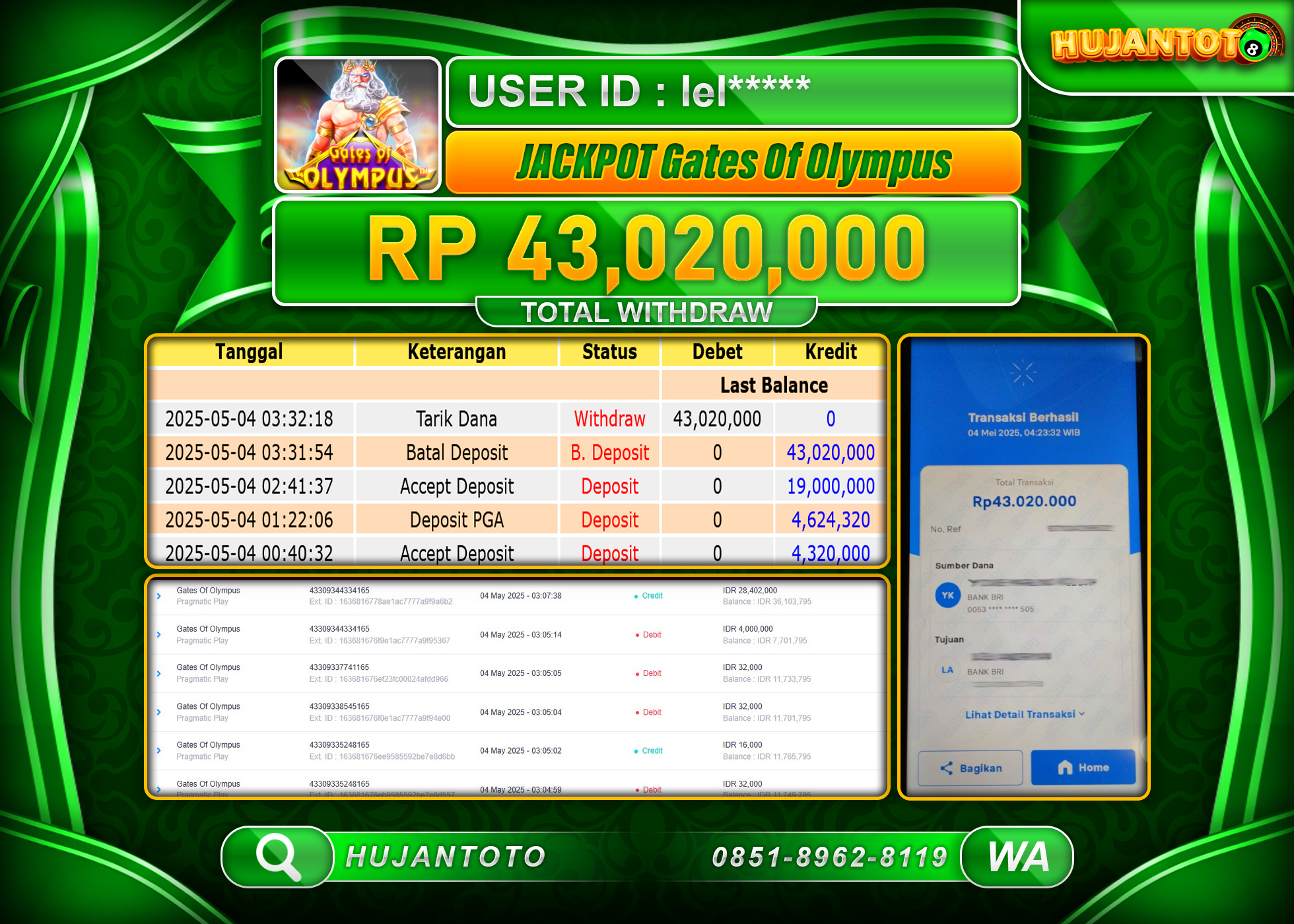 HUJANTOTO - BUKTI JACKPOT MENANG GAME SLOT GATES OF OLYMPUS Rp,43,020,000- TERBAYAR LUNAS