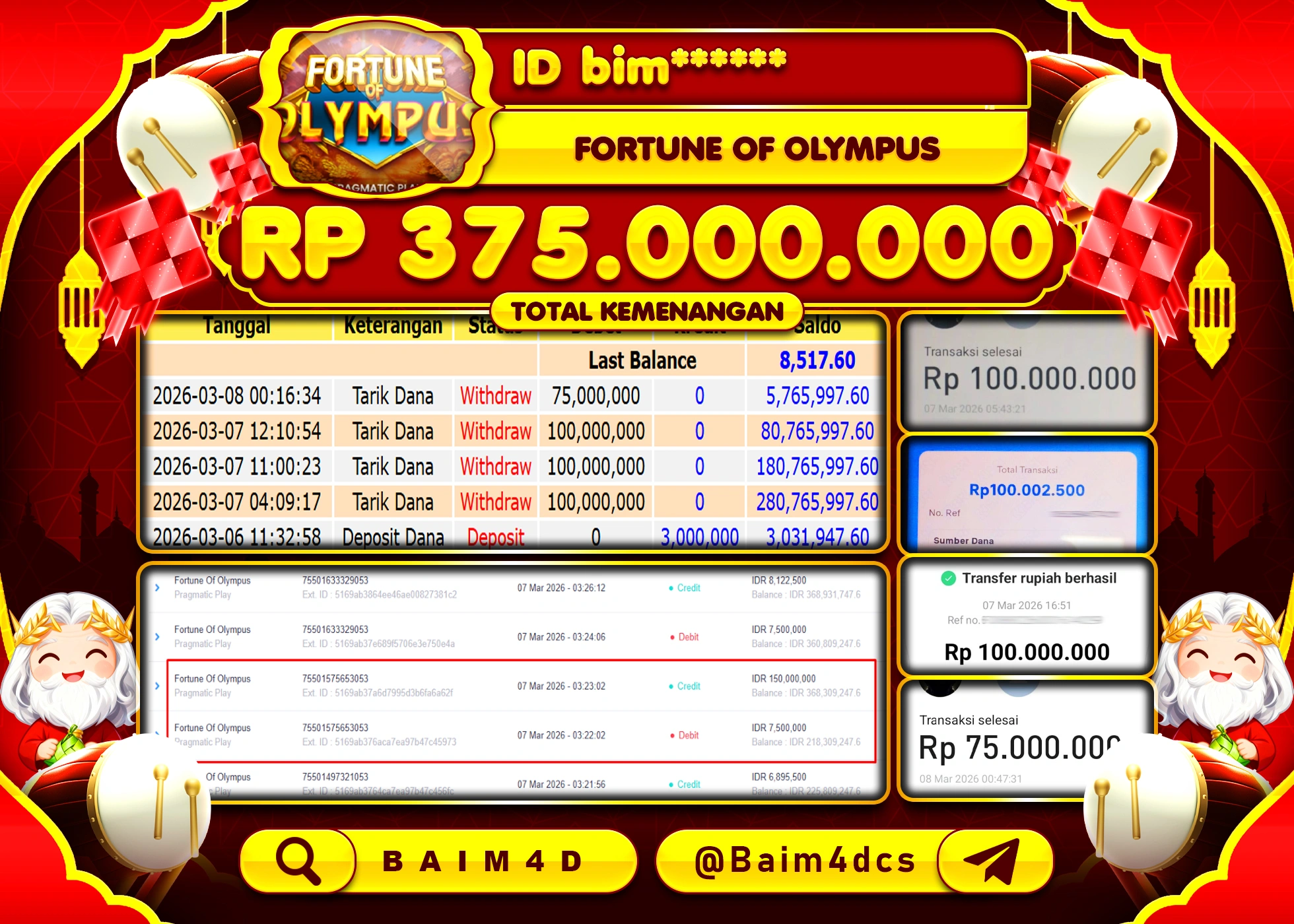 BAIM4D JACKPOT SLOT FORTUNE OF OLYMPUS Rp.375,000,000 - LUNAS