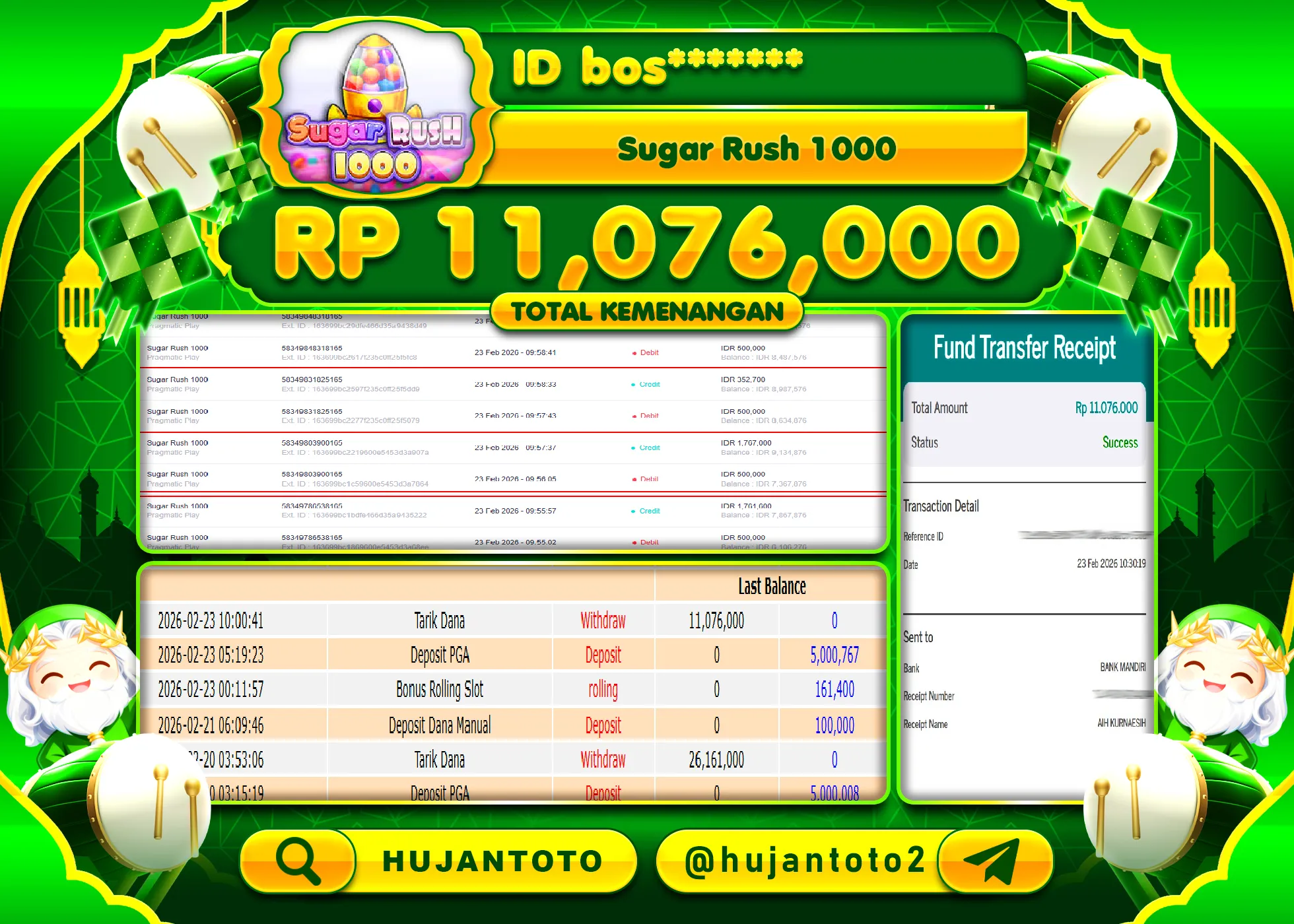 HUJANTOTO - BUKTI JACKPOT MENANG SLOT SUGAR RUSH 1000 Rp.11,076,000 - TERBAYAR LUNAS