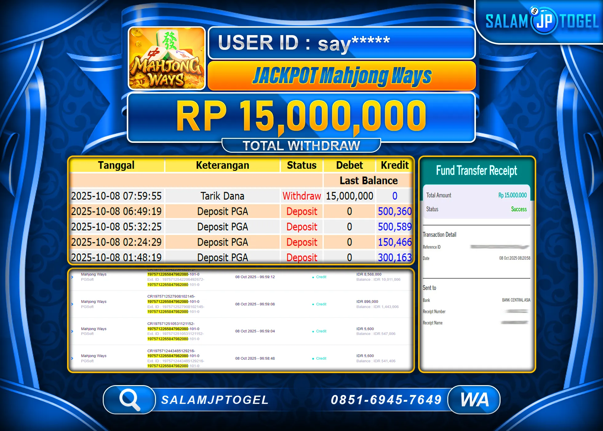 SALAMJPTOGEL MENANG Mahjong Ways (PGSoft) RP. 15,000,000, - LUNAS