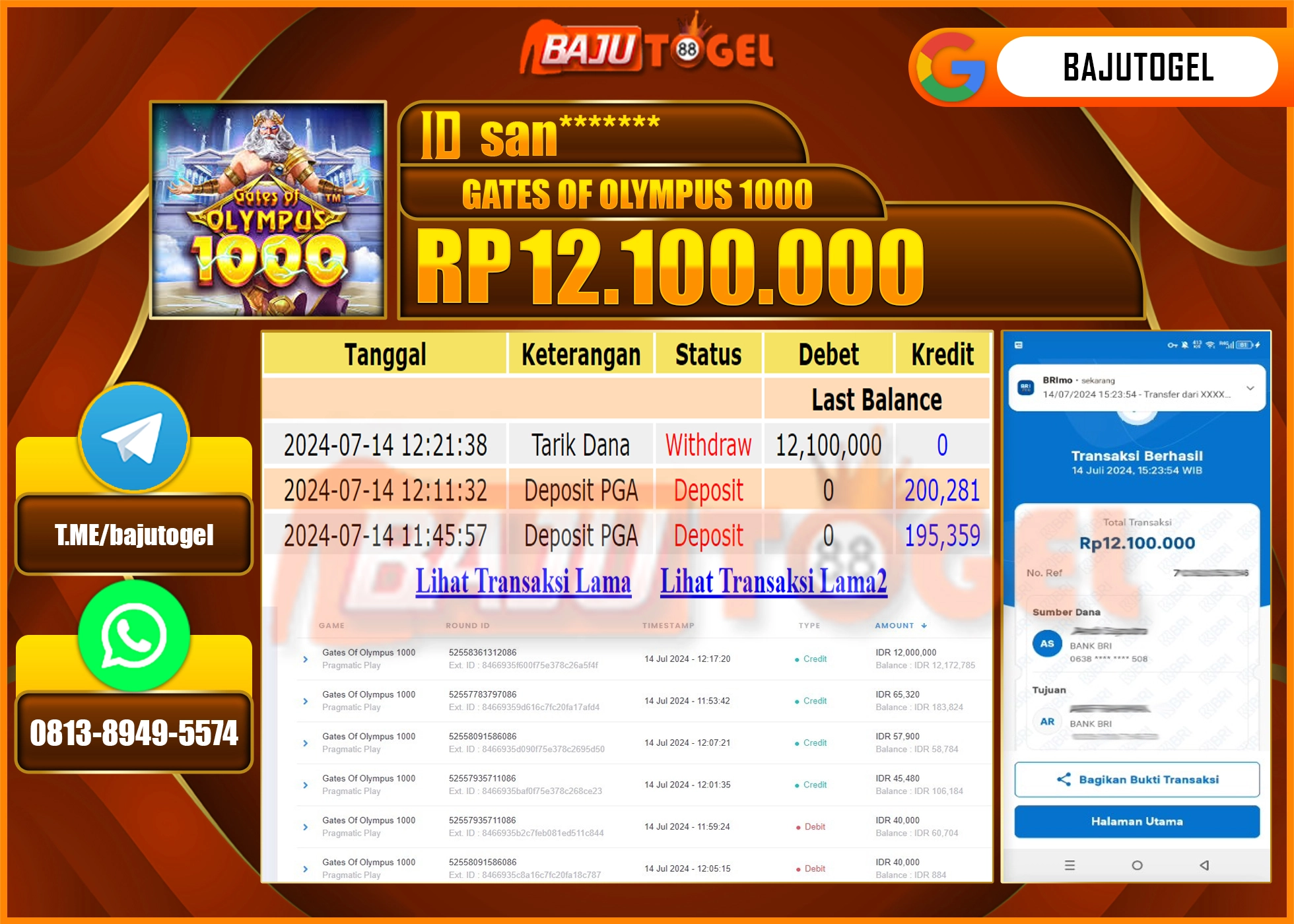 BAJUTOGEL JACKPOT GATES OF OLYMPUS 1000 Rp.12.100.000 LUNAS