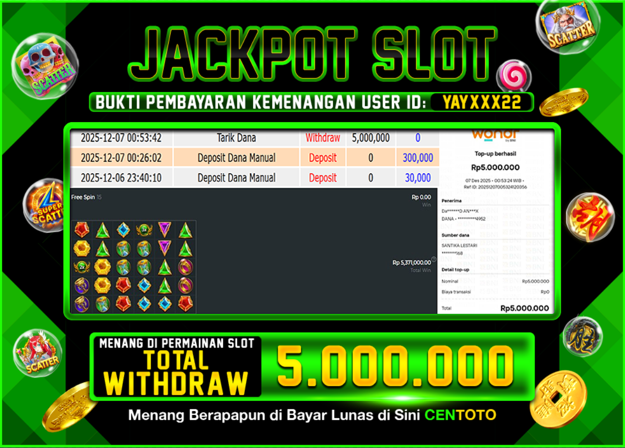 BUKTI JACKPOT SLOT CENTOTO  RP.5.000.000,-LUNAS