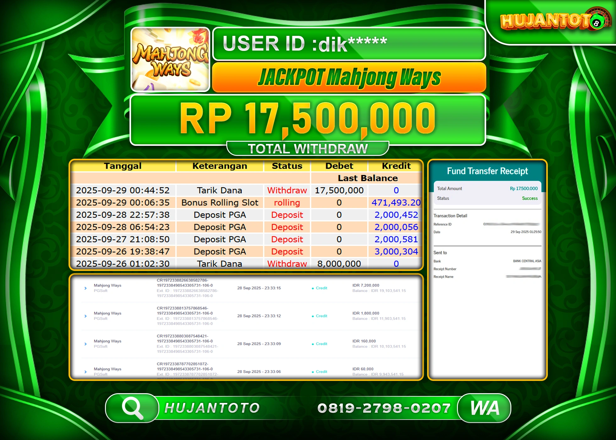 HUJANTOTO - BUKTI JACKPOT MENANG SLOT MAHJONG WAYS  Rp.17,500,000 - TERBAYAR LUNAS
