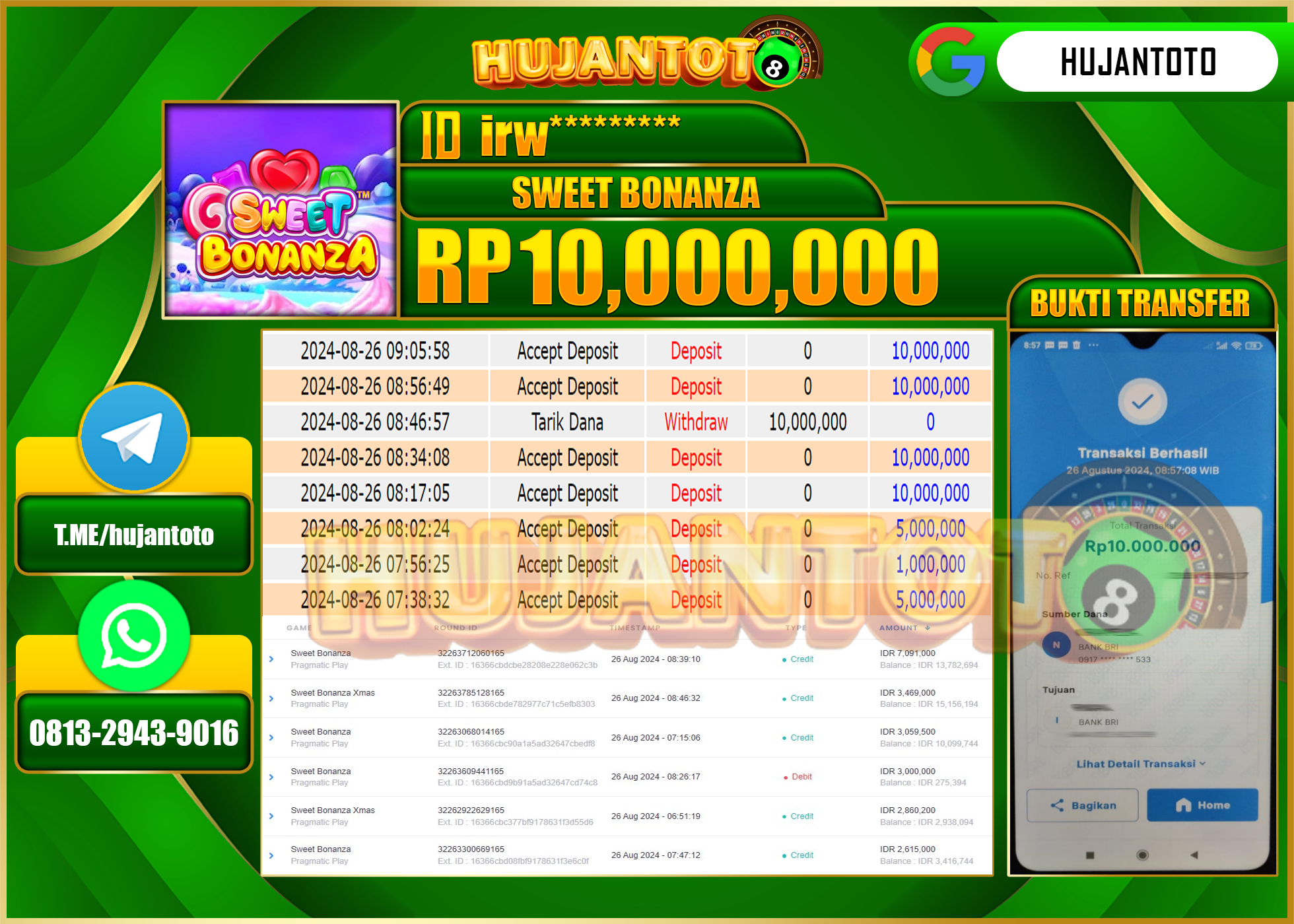 HUJANTOTO MENANG BESAR DI PERMAINAN SWEET BONANZA, 10.000.000 - LUNAS 