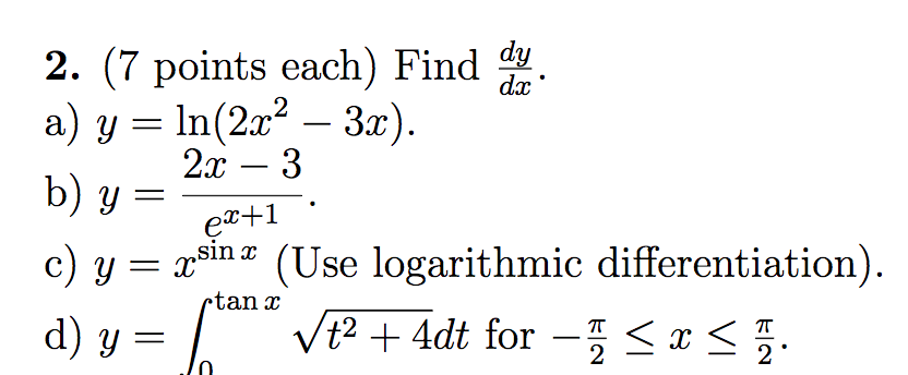 Find Dy Dx Y Ln 2x 2 3x Y 2x 3 E X 1 Y Chegg Com