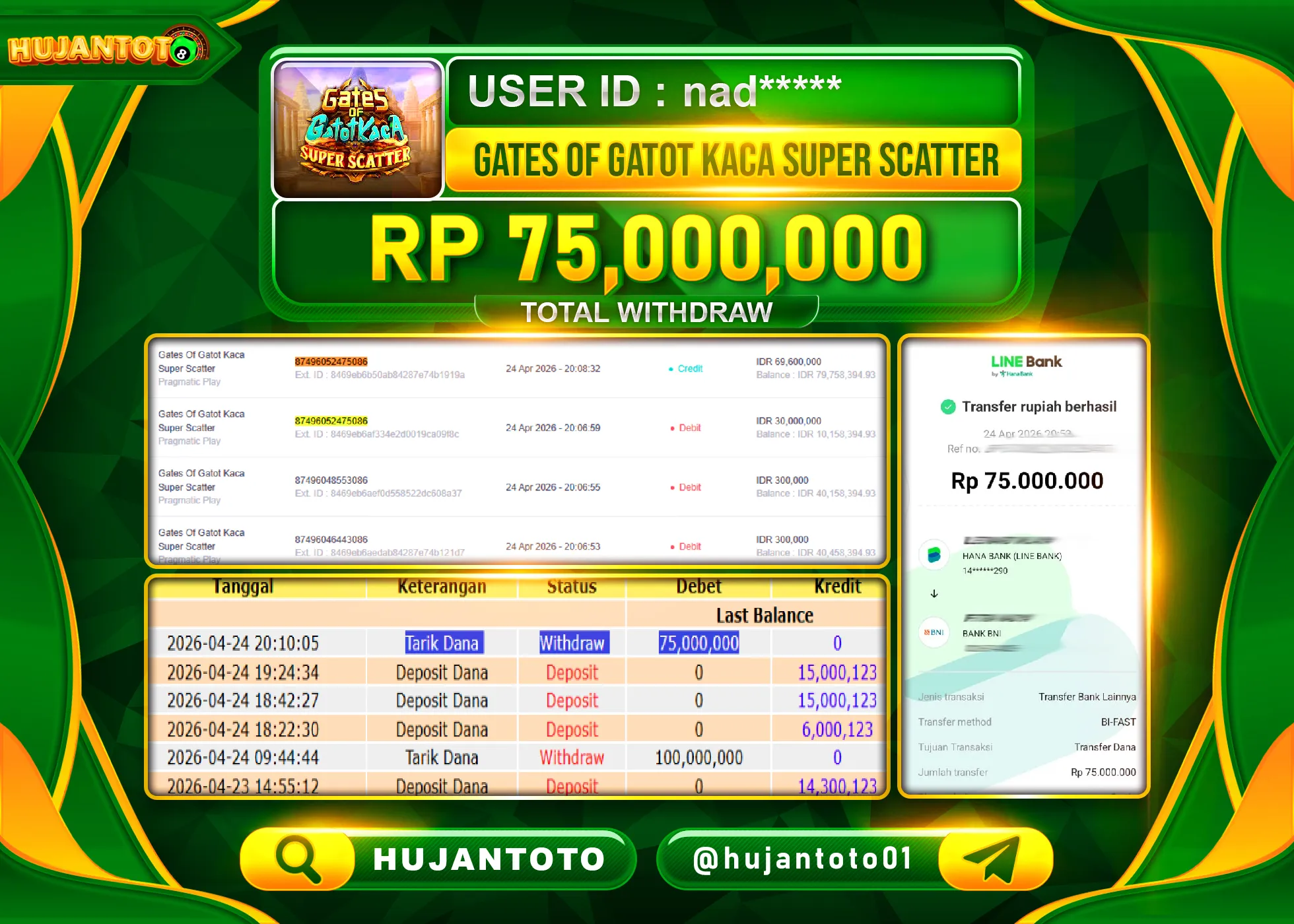 HUJANTOTO - BUKTI JACKPOT MENANG GATES OF GATOT KACA SUPER SCATTER Rp.75,000,000 - TERBAYAR LUNAS