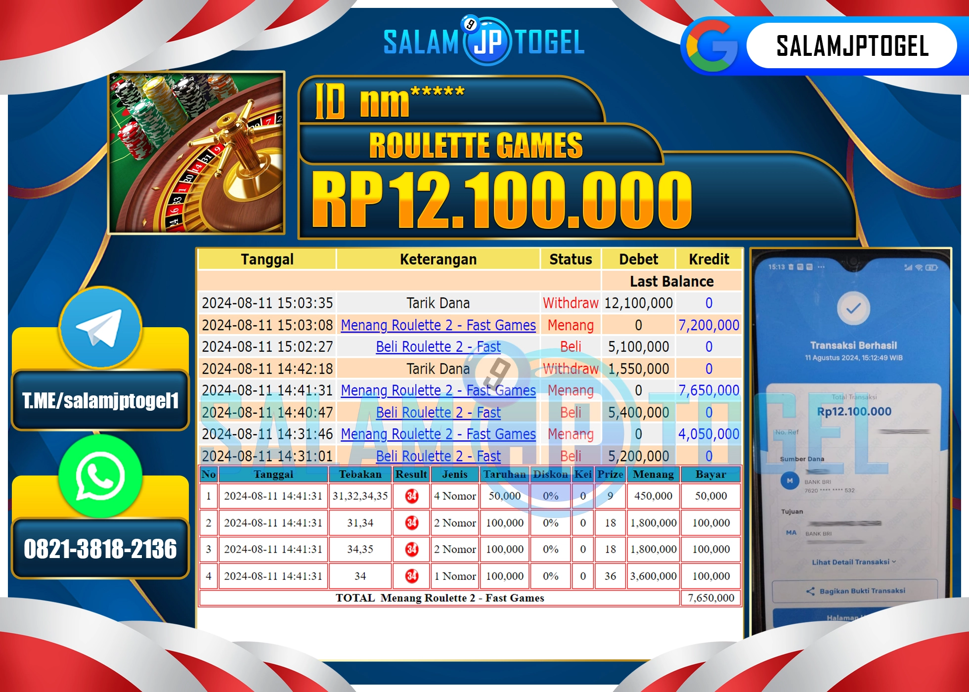 Member SALAMJPTOGEL MENANG ROULLETE 2 RP. 12,100,000 LUNAS