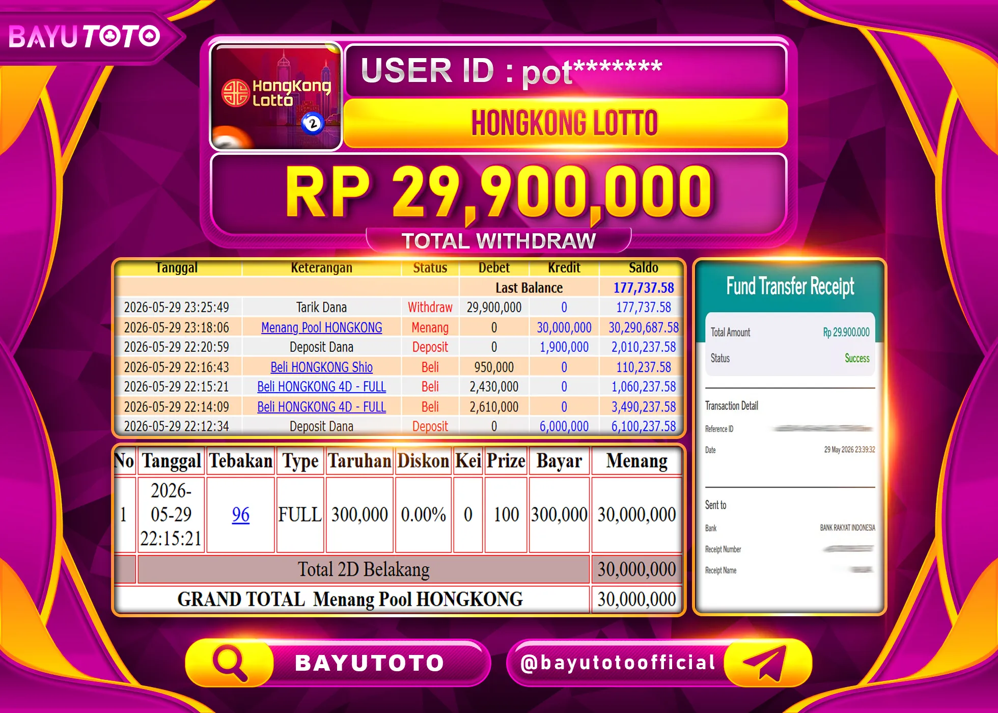 SELAMAT MEMBER SETIA BAYUTOTO JACKPOT DI TOGEL HONGKONG LOTTO Rp. 29,900,000 LUNAS