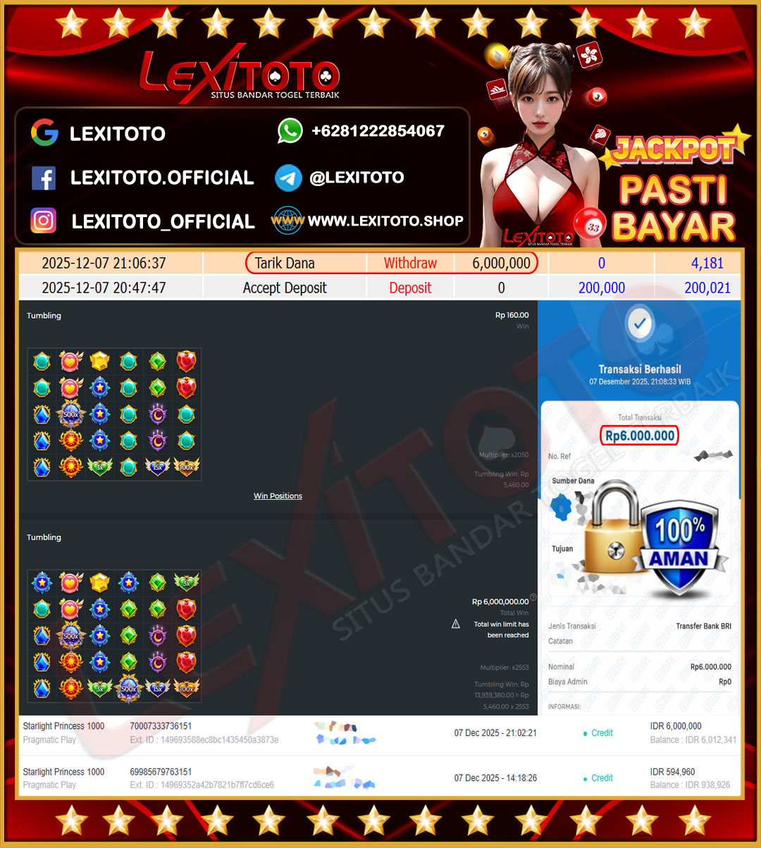 LEXITOTO JACKPOT SLOT STARLIGHT PRINCESS 1000 Rp.6,000.000,- LUNAS