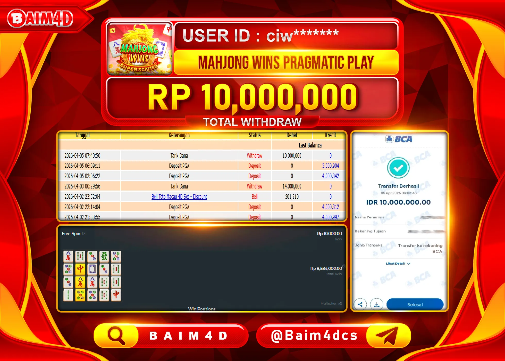 BAIM4D JACKPOT  SLOT MAHJONG WINS Rp.10,000,000 - LUNAS