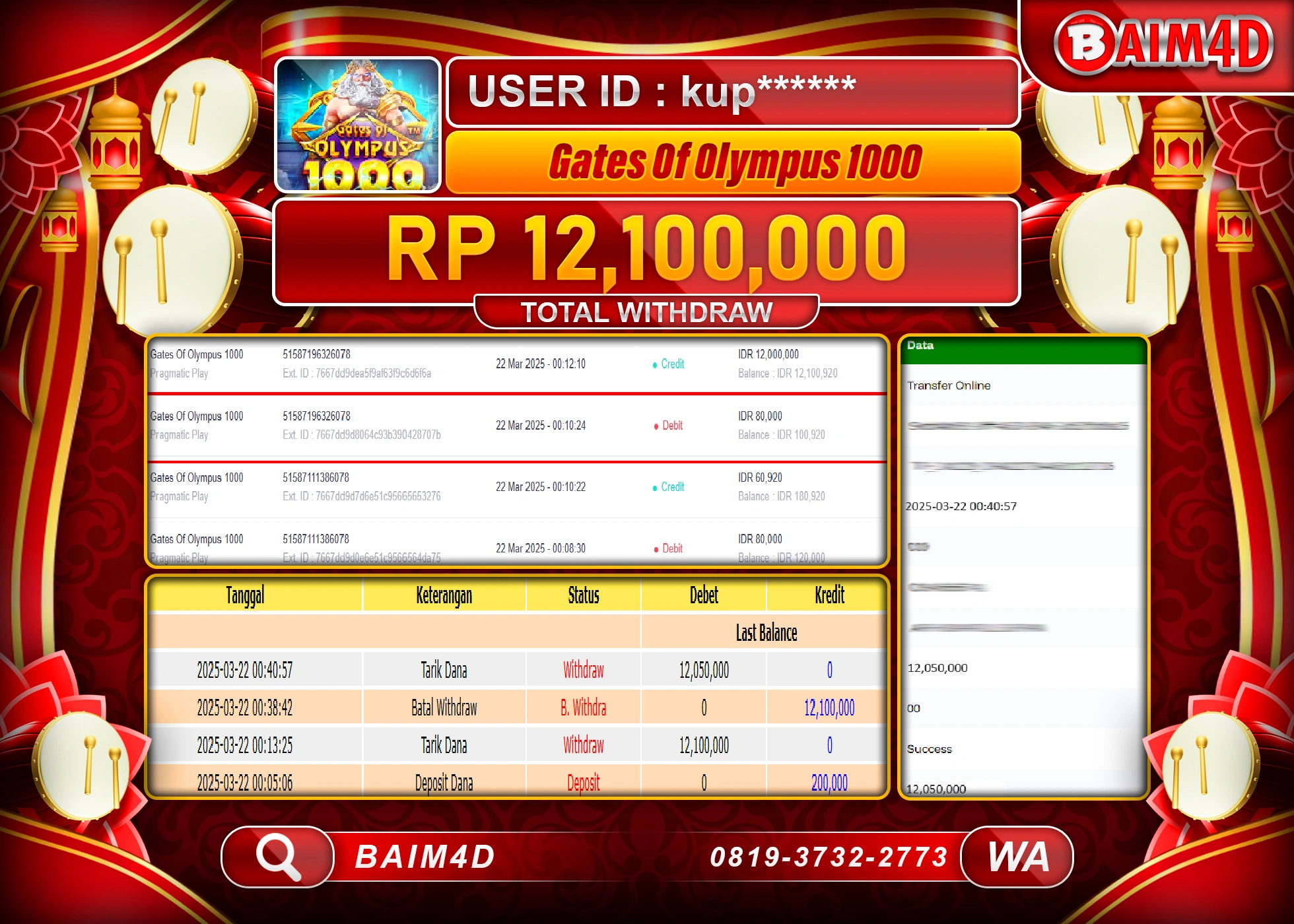 BAIM4D JACKPOT    GATES OF OLYMPUS1000  Rp.12.100,000.- LUNAS