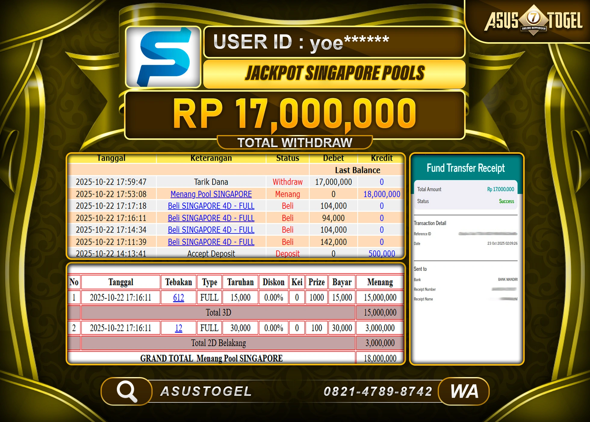 ASUSTOGEL KEMENANGAN DI TOGEL SINGAPORE SEBESAR 17,000,000- RUPIAH LUNAS