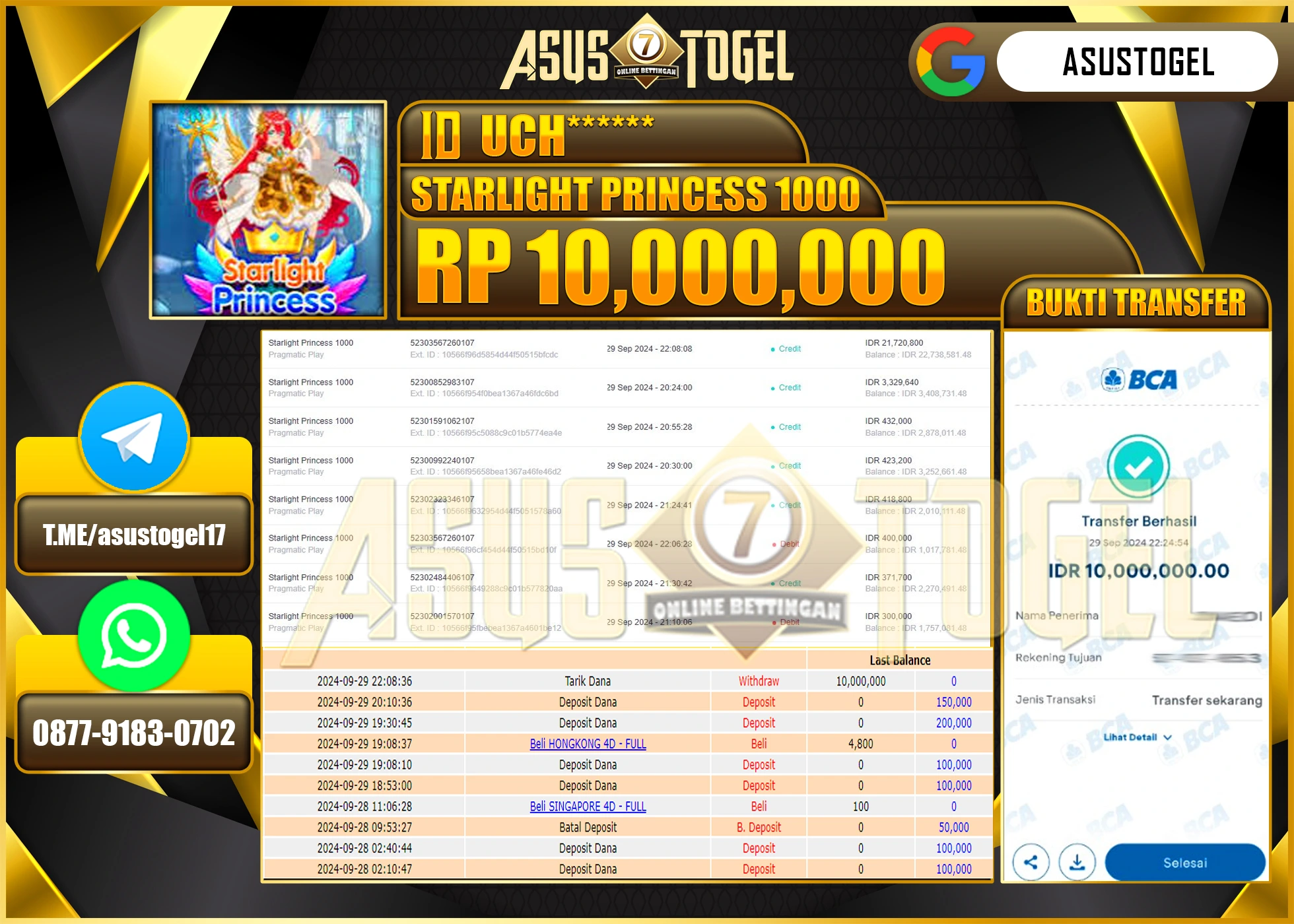 ASUSTOGEL KEMENANGAN  DI GAMES  STARLIGHT PRINCESS 1000 10,000,000 - RUPIAH LUNAS