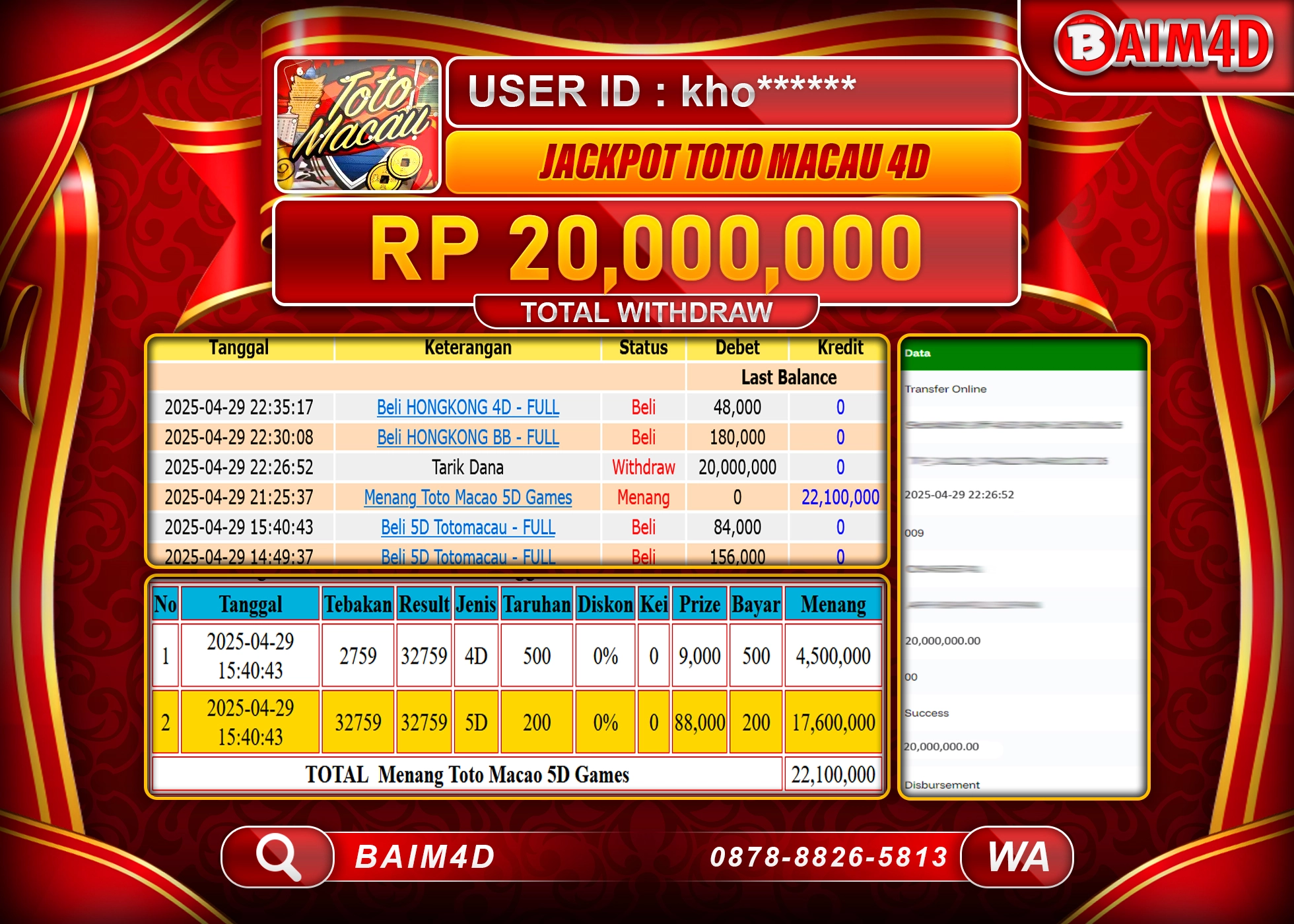 BAIM4D JACKPOT TOTO MACAU 4D POOLS  Rp.20.000,000.- LUNAS