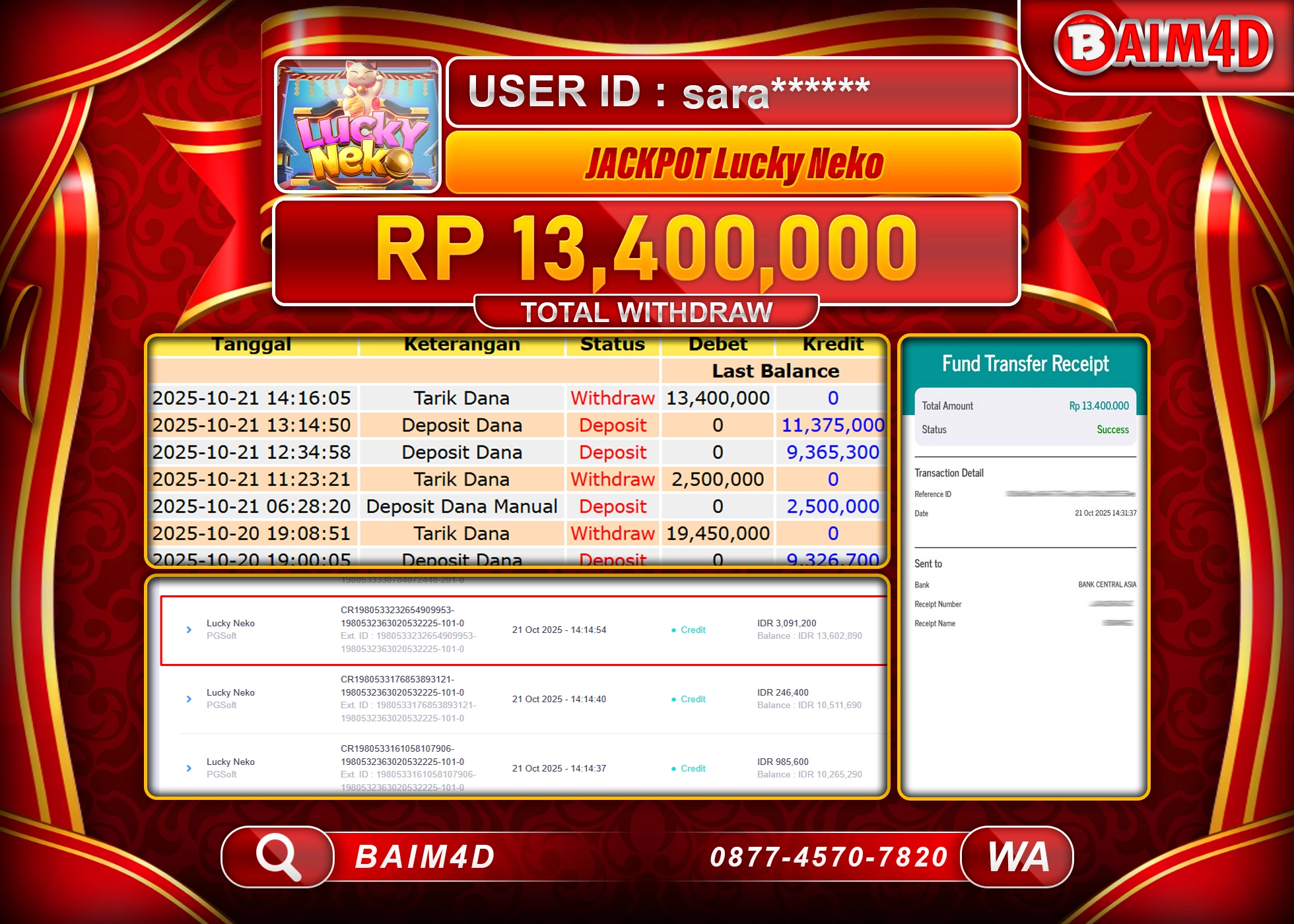 BAIM4D JACKPOT SLOT LUCKY NEKO PG SOFT Rp.13,400,000.- LUNAS