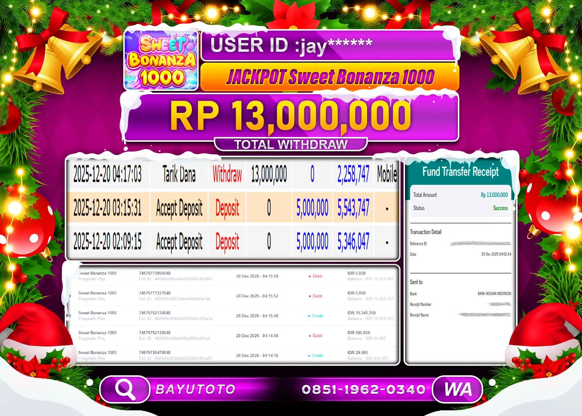 SELAMAT MEMBER SETIA BAYUTOTO JACKPOT DI SLOT SWEET BONANZA 1000 Rp. 13,000,000 LUNAS