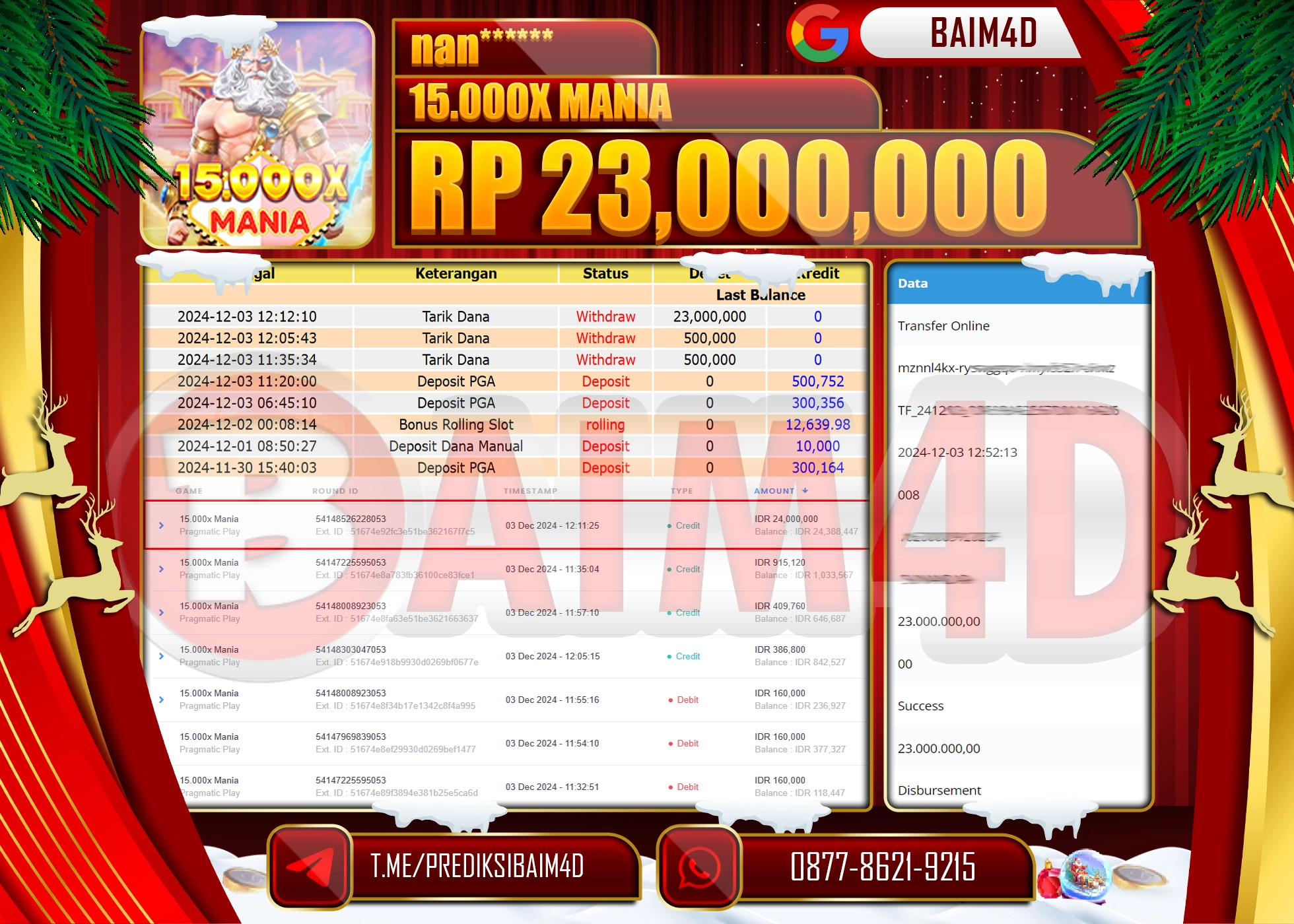 BAIM4D JACKPOT 15.000x Mania Pragmatic Play Rp.23.000,000.- LUNAS
