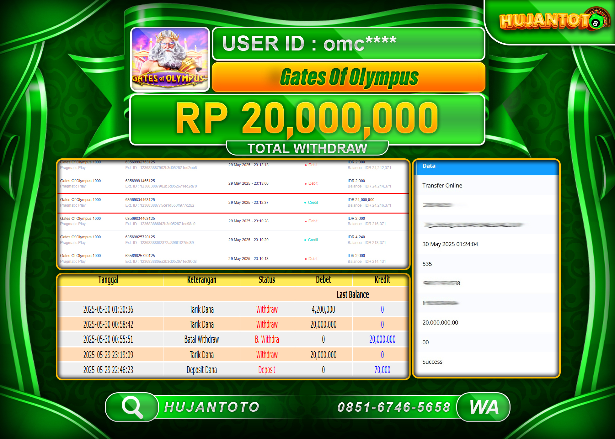 HUJANTOTO - BUKTI JACKPOT MENANG SLOT GATES OF OLYMPUS  Rp.20,000,000 - TERBAYAR LUNAS