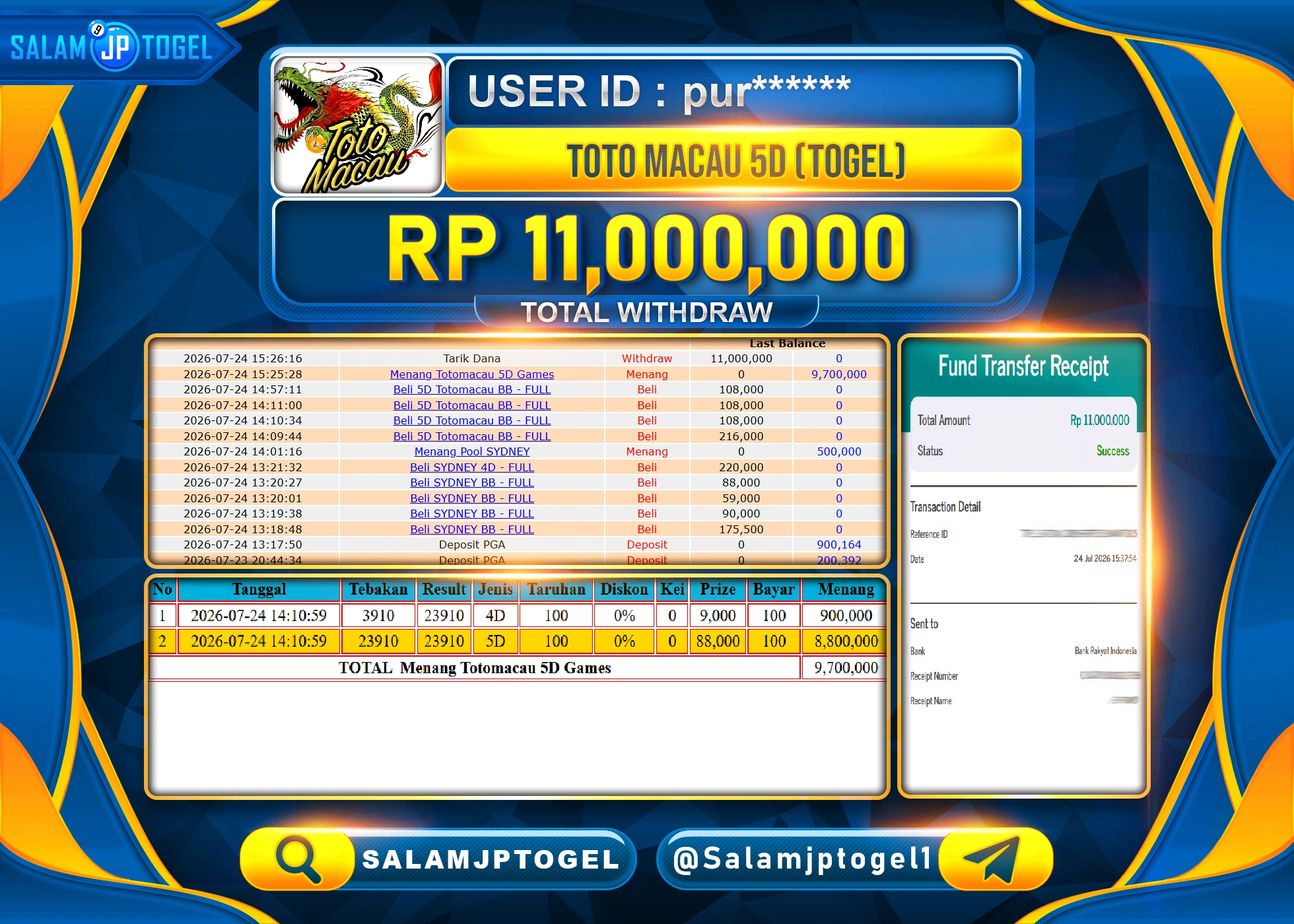 SALAMJPTOGEL JACKPOT MENANG TOGEL TOTO MACAU 5D Rp.11,000,000 - LUNAS