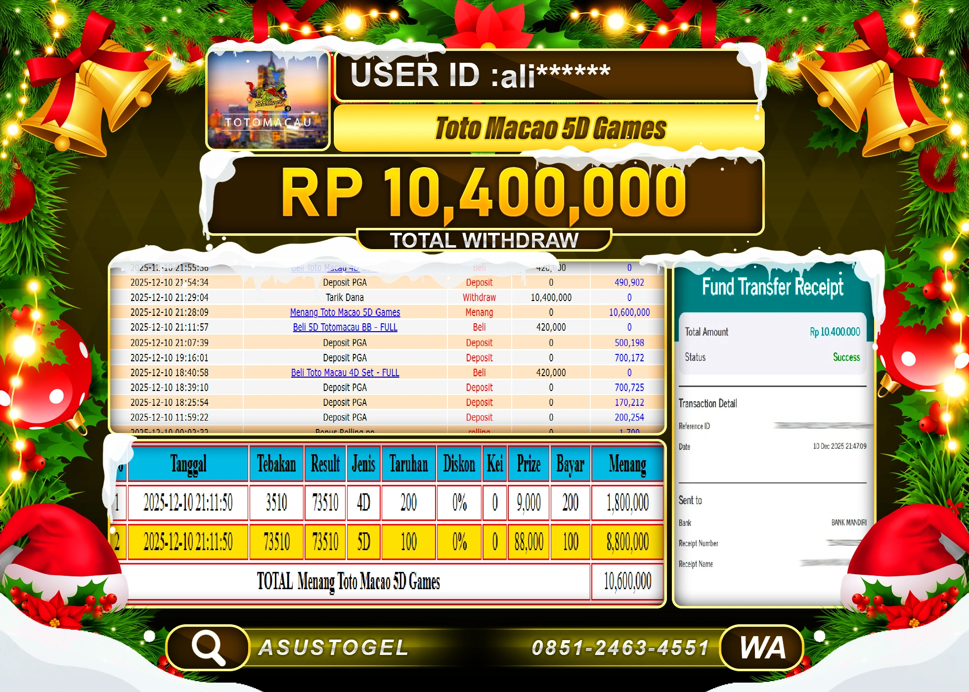 ASUSTOGEL KEMENANGAN DI TOGEL TOTO MACAU 5D  SEBESAR 10,400,000 - RUPIAH LUNAS