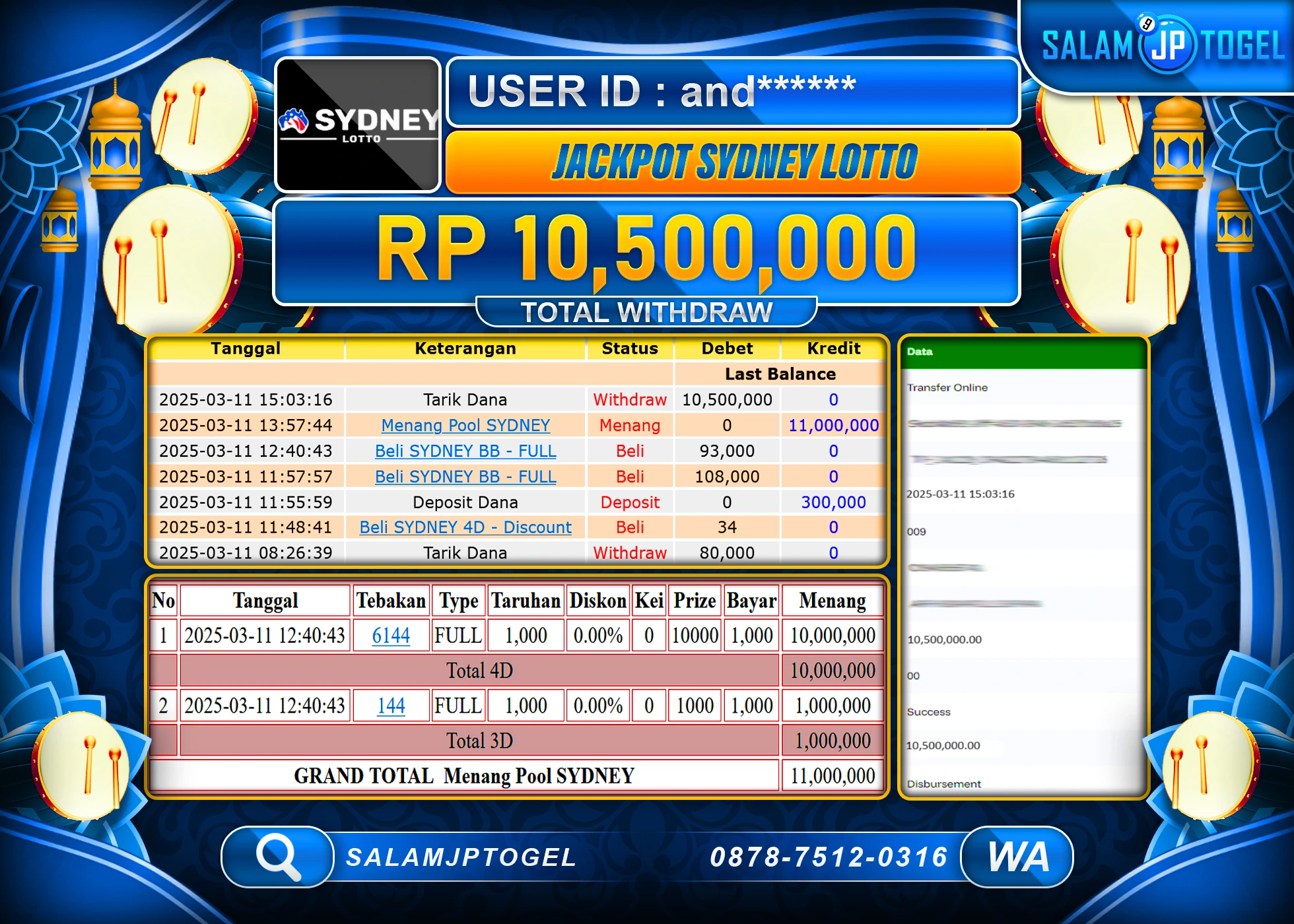 SALAMJPTOGEL MENANG SYDNEY LOTTO  Rp. 10,500,000 LUNAS
