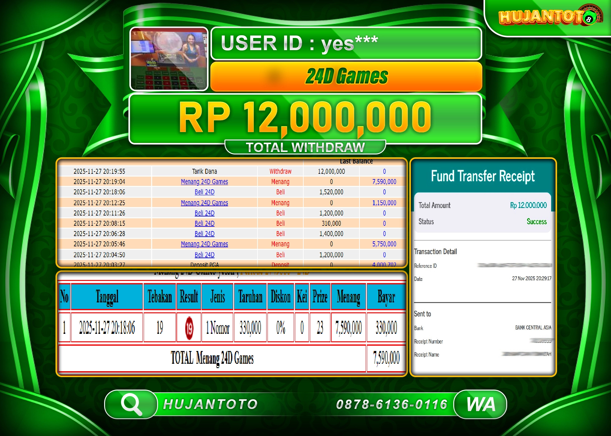 HUJANTOTO - BUKTI JACKPOT MENANG LIVEGAMES 24D Games Rp.12,000,000 - TERBAYAR LUNAS