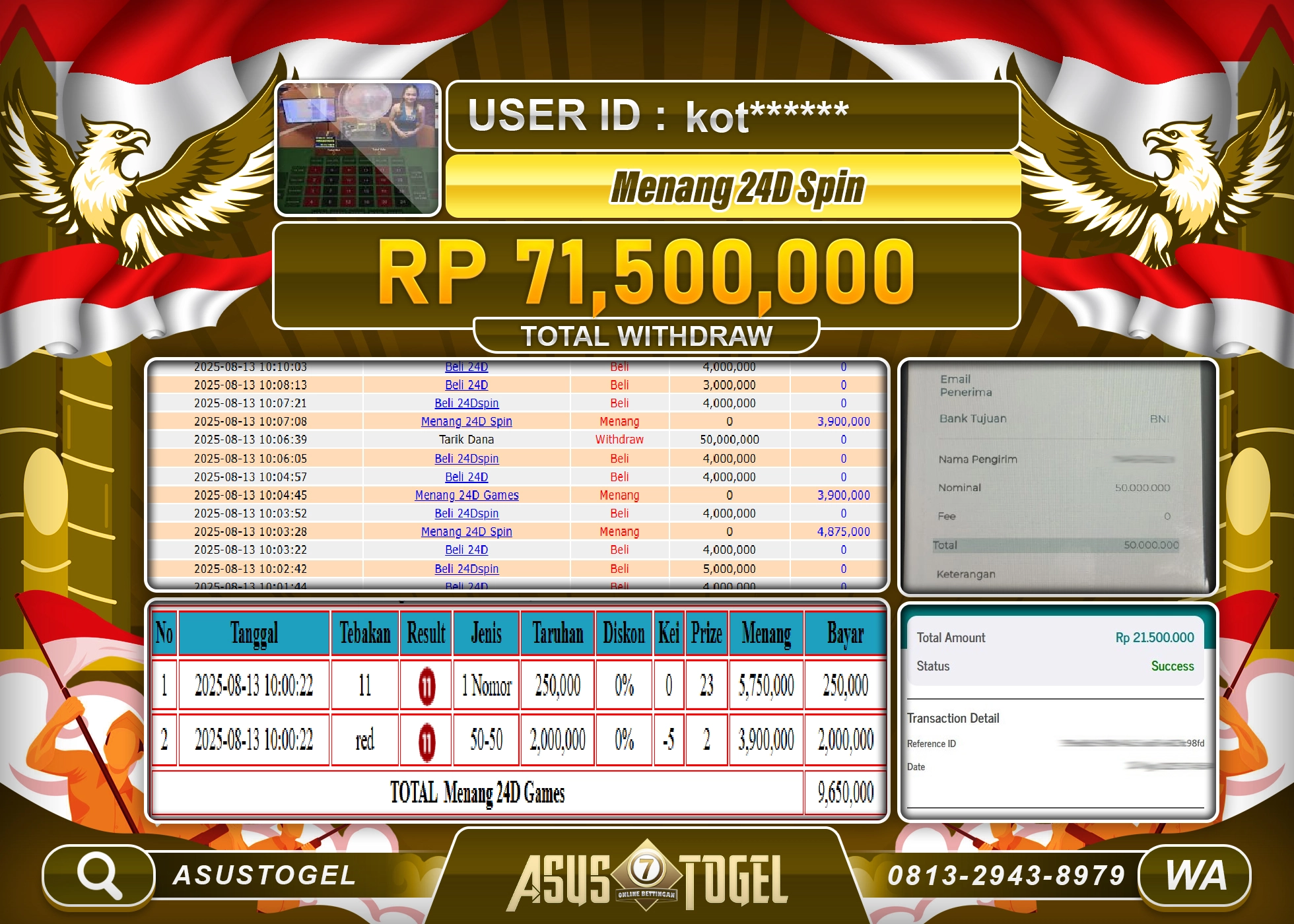ASUSTOGEL KEMENANGAN DI LIVE GAMES 24D SPIN SEBESAR 71,500,000- RUPIAH LUNAS