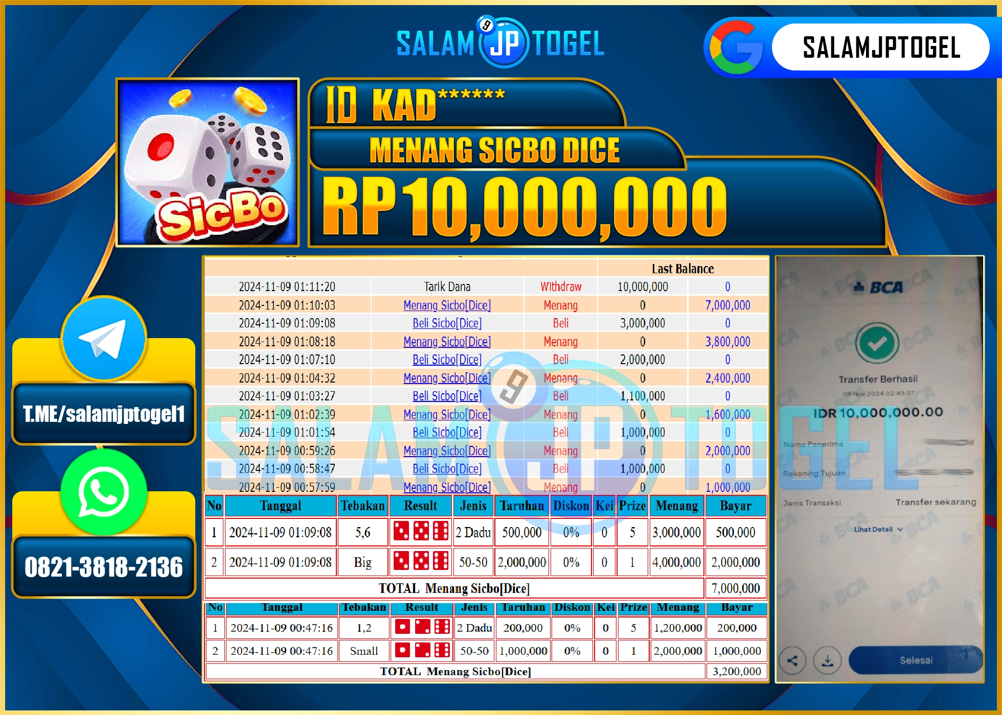 SALAMJPTOGEL MENANG LIVEGAMES SICBO DICE  RP. 10,000,000 LUNAS