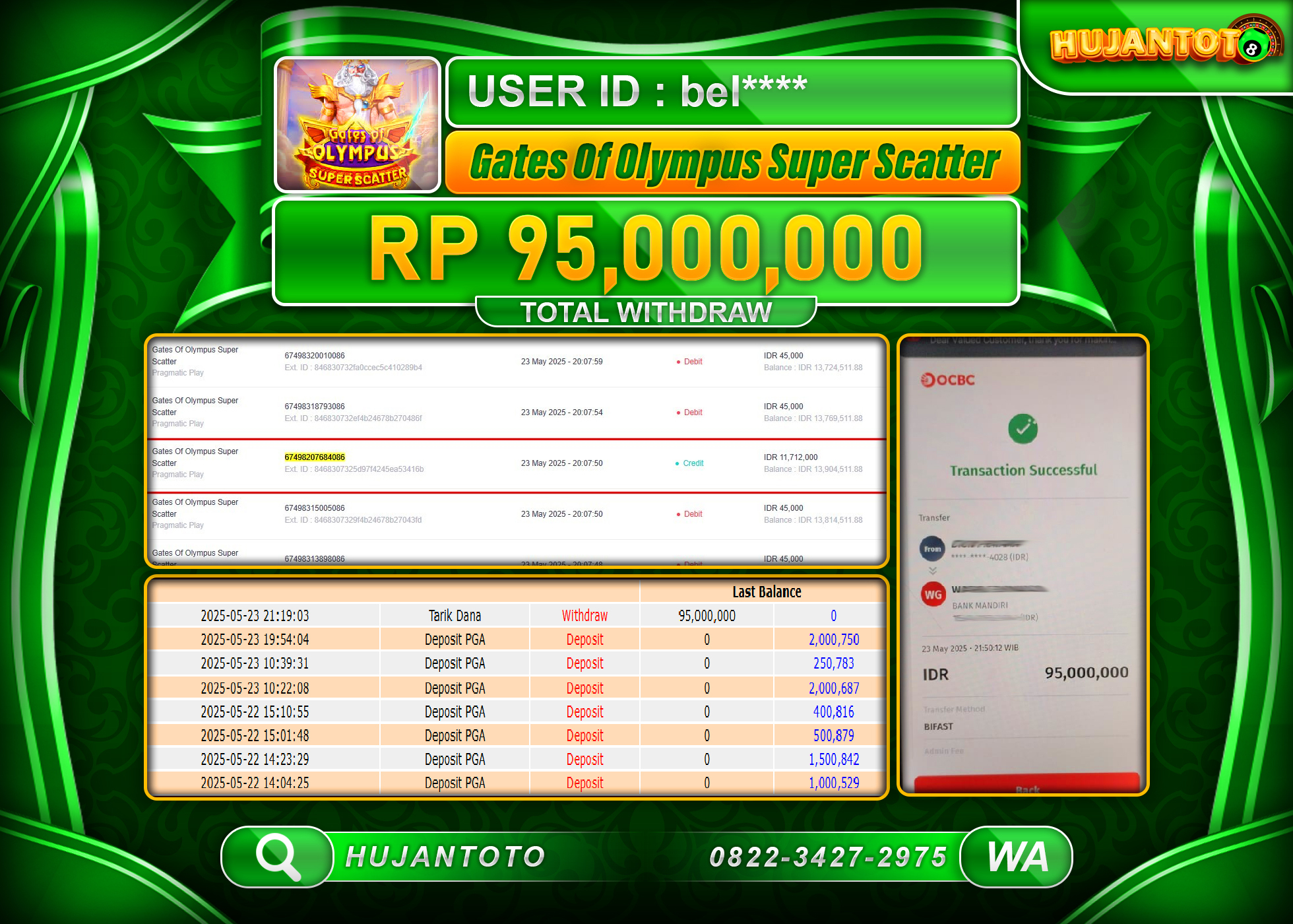 HUJANTOTO - BUKTI JACKPOT MENANG SLOT GATES OF OLYMPUS SUPER SCETTER - Rp,95,000,000 - TERBAYAR LUNAS
