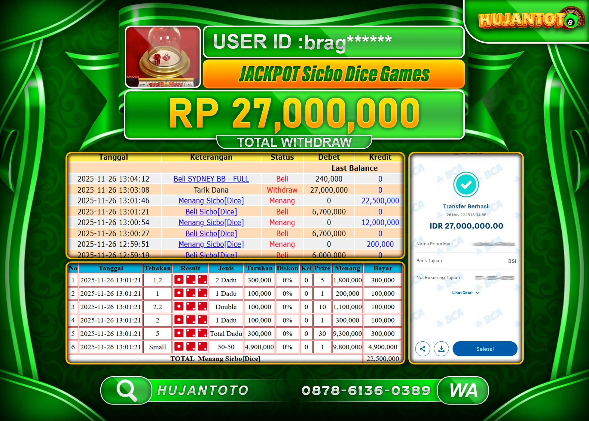 HUJANTOTO - BUKTI JACKPOT MENANG LIVE CASINO SICBO DICE GAMES Rp.27,000,000 - TERBAYAR LUNAS