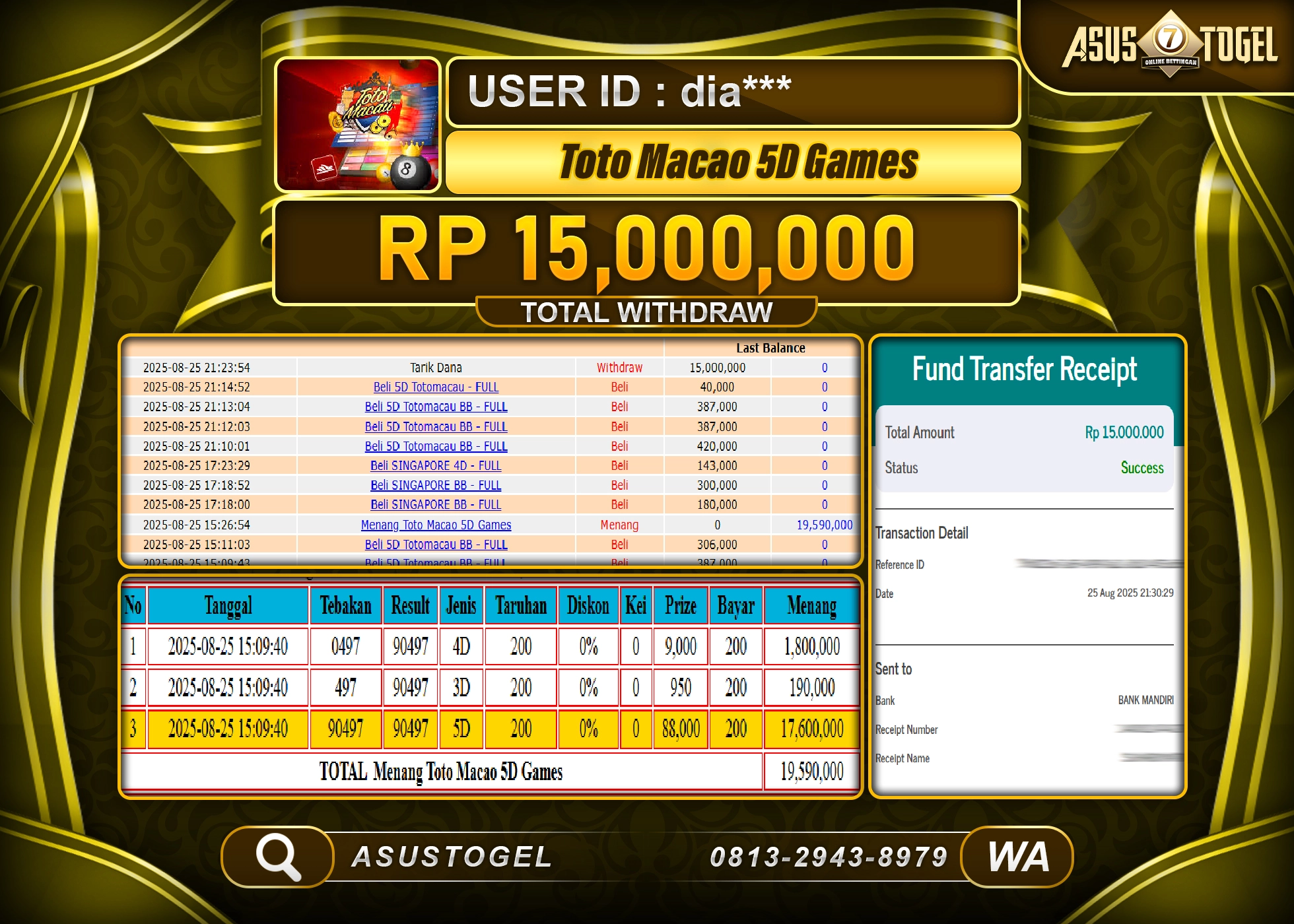 ASUSTOGEL KEMENANGAN DI TOGEL TOTO MACAU 5D GAMES  SEBESAR 15,000,000- RUPIAH LUNAS