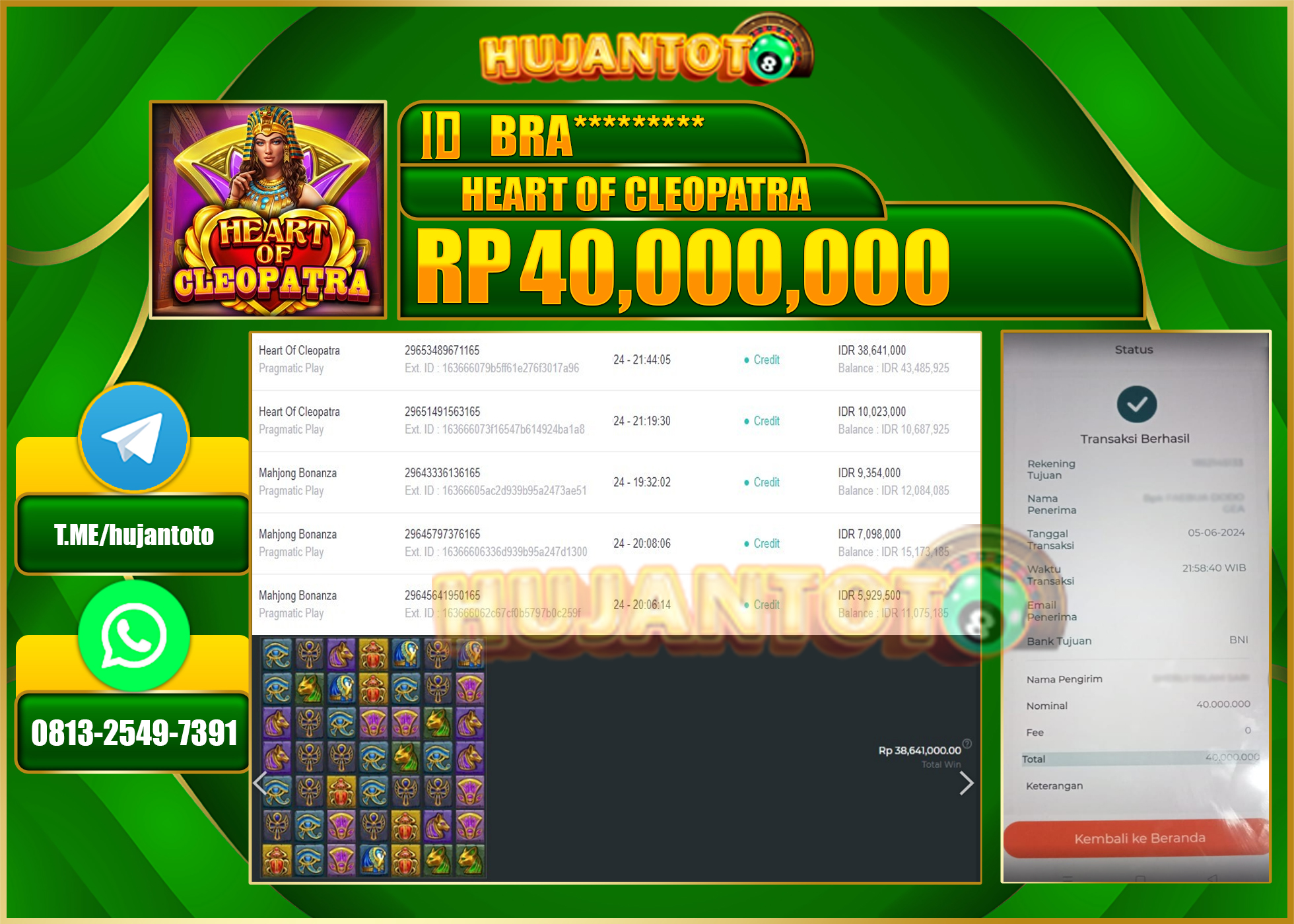 HUJANTOTO MENANG GAME HEART OF CLEOPATRA  40.000.000 - LUNAS 