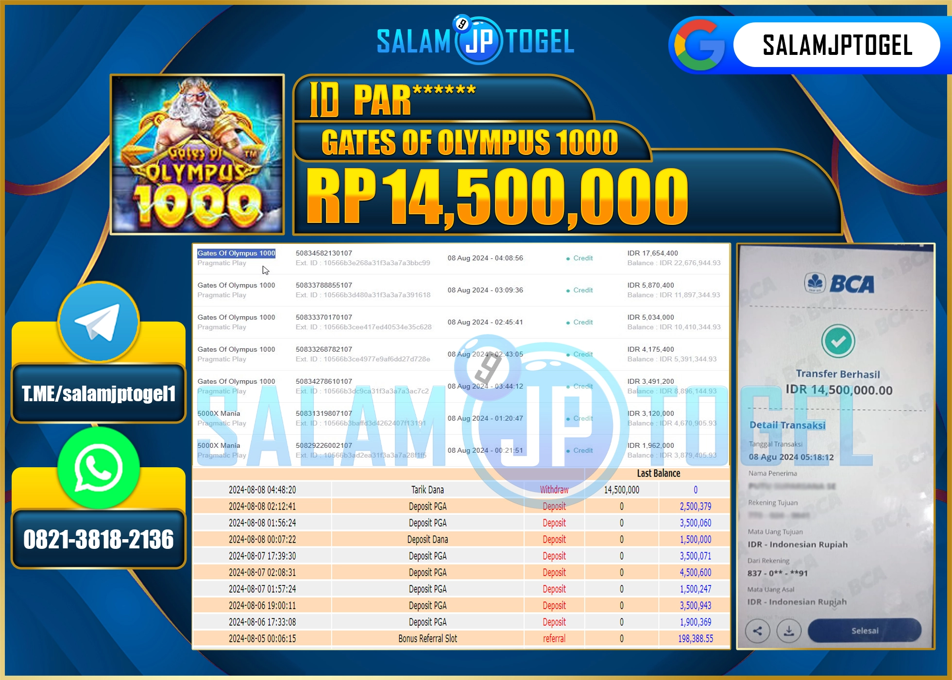 SALAMJPTOGEL MENANG GATES OF OLYMPUS 1000 RP. 14,500,000 LUNAS