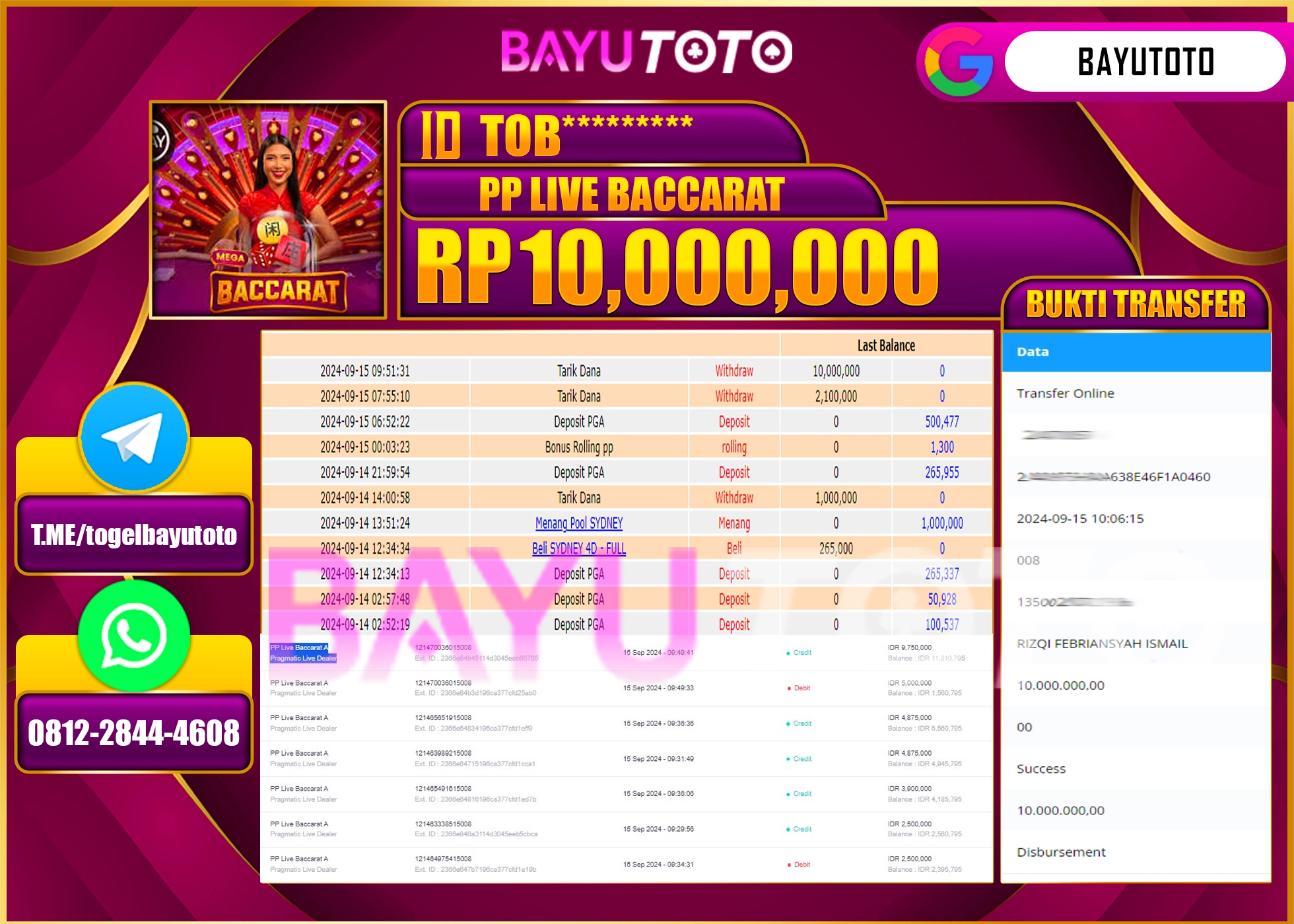 MEMBER  BAYUTOTO YANG JACKPOT  DI GAME PP LIVE BACCARAT  NOMINAL Rp.10.000.000 LUNAS