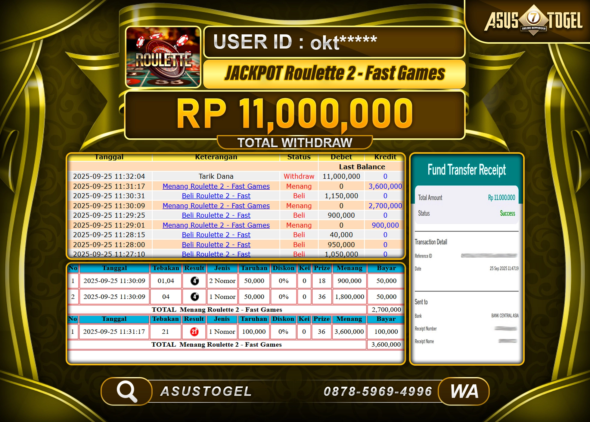 ASUSTOGEL KEMENANGAN DI LIVE GAMES ROULETTE 2 SEBESAR 11,000,000- RUPIAH LUNAS