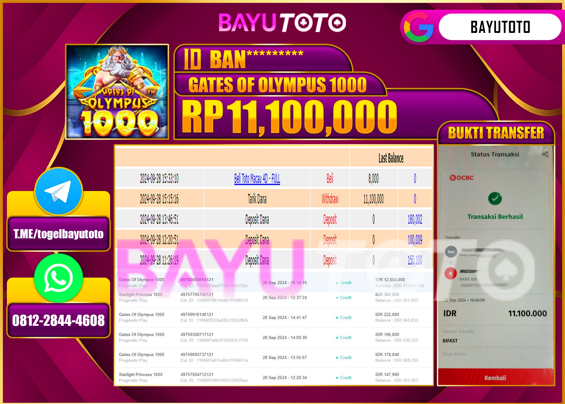 BAYUTOTO MENANG SLOT GATES OF OLYMPUS 1000 11.100.000 - LUNAS