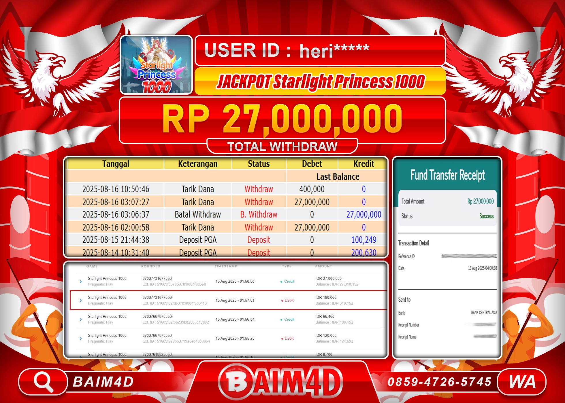 BAIM4D JACKPOT STARLIGHT PRINCESS 1000  Rp.27,000,000.- LUNAS