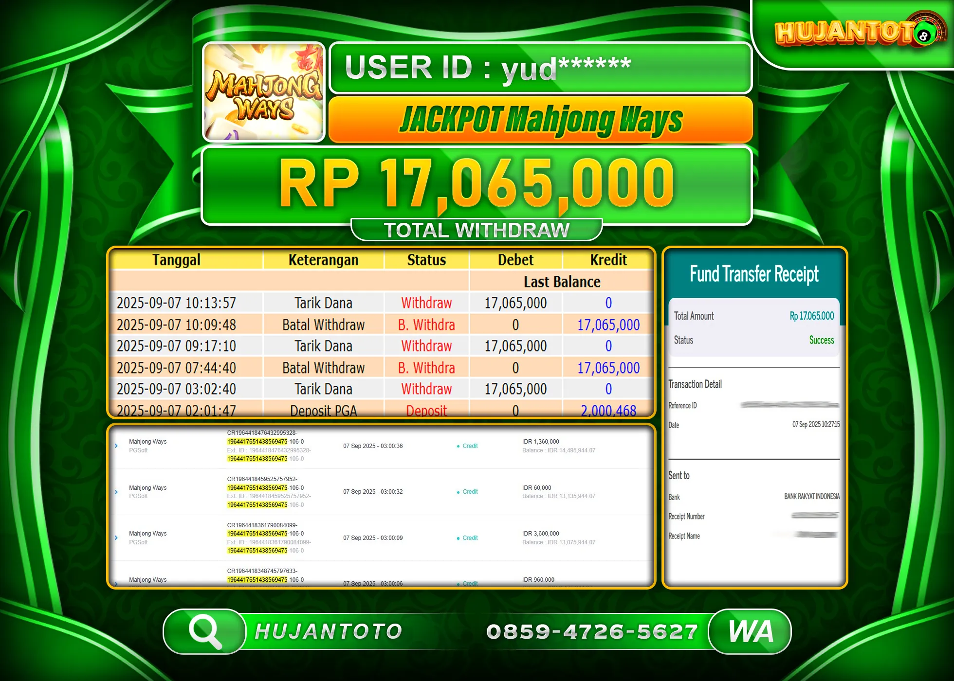 HUJANTOTO - BUKTI JACKPOT MENANG SLOT MAHJONG WAYS Rp.17,065,000 - TERBAYAR LUNAS