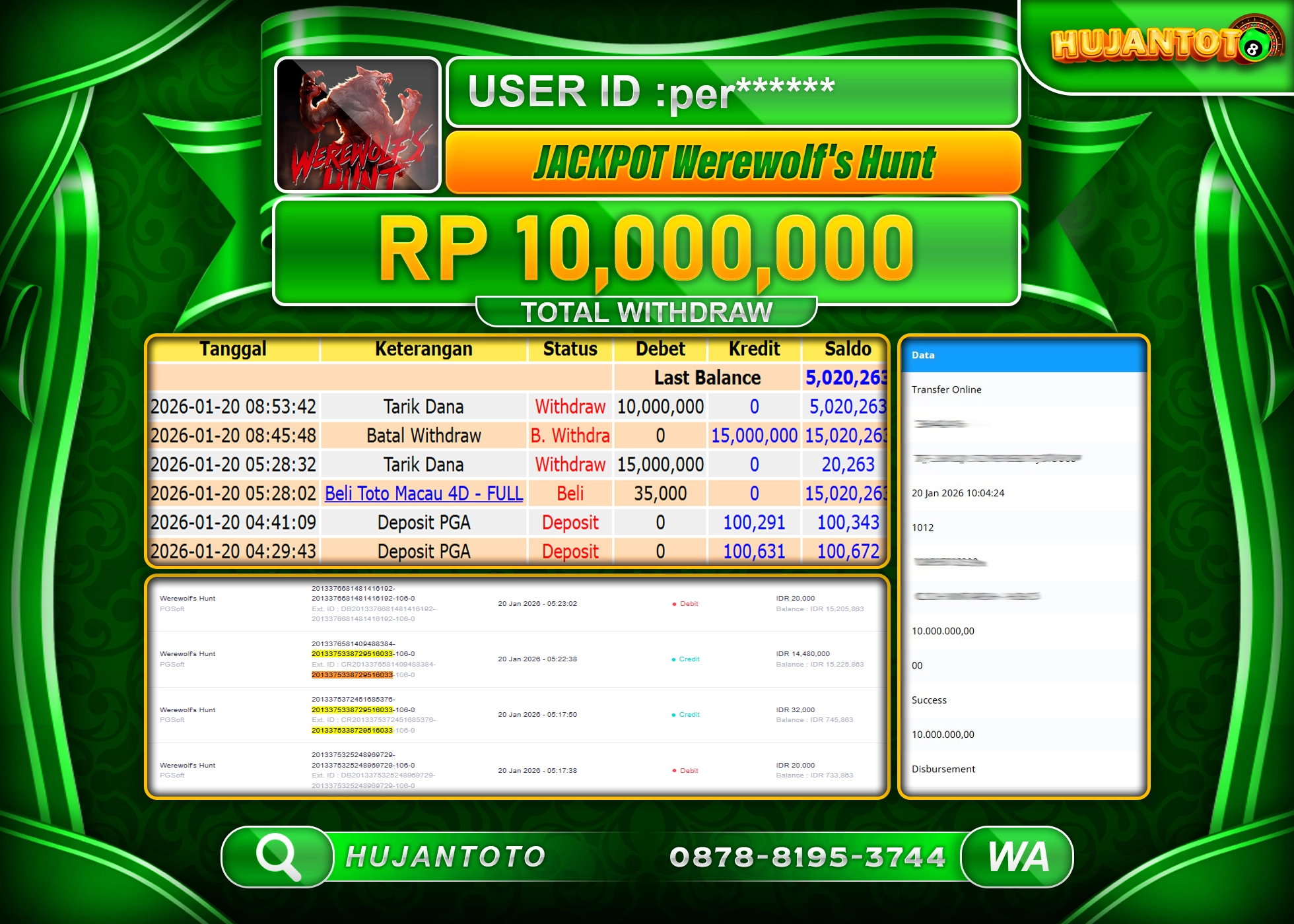 HUJANTOTO - BUKTI JACKPOT MENANG SLOT WEREWOLFS HUNT Rp.10,000,000 - TERBAYAR LUNAS